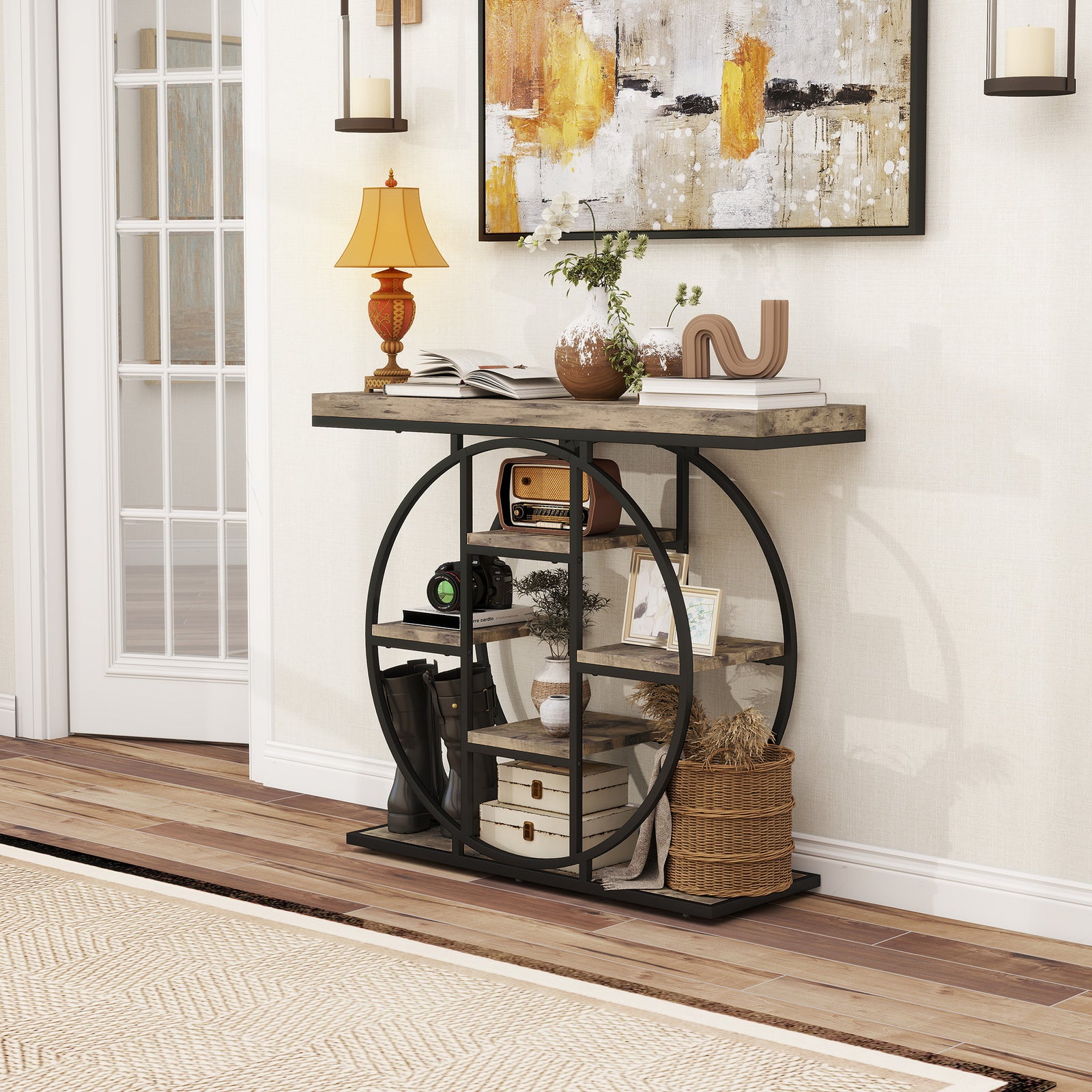 HOMCOM Industrial Console Table, Hallway Table With Storage Shelves