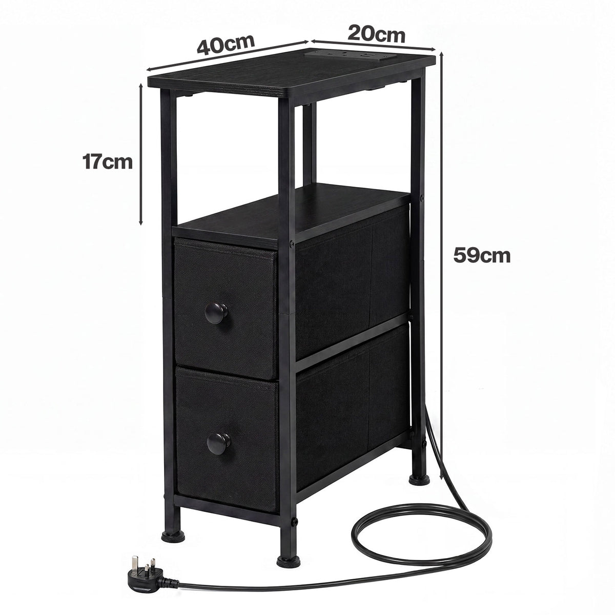 Bedside Table Narrow Side Table With Led Charging Station Storage Black | Black