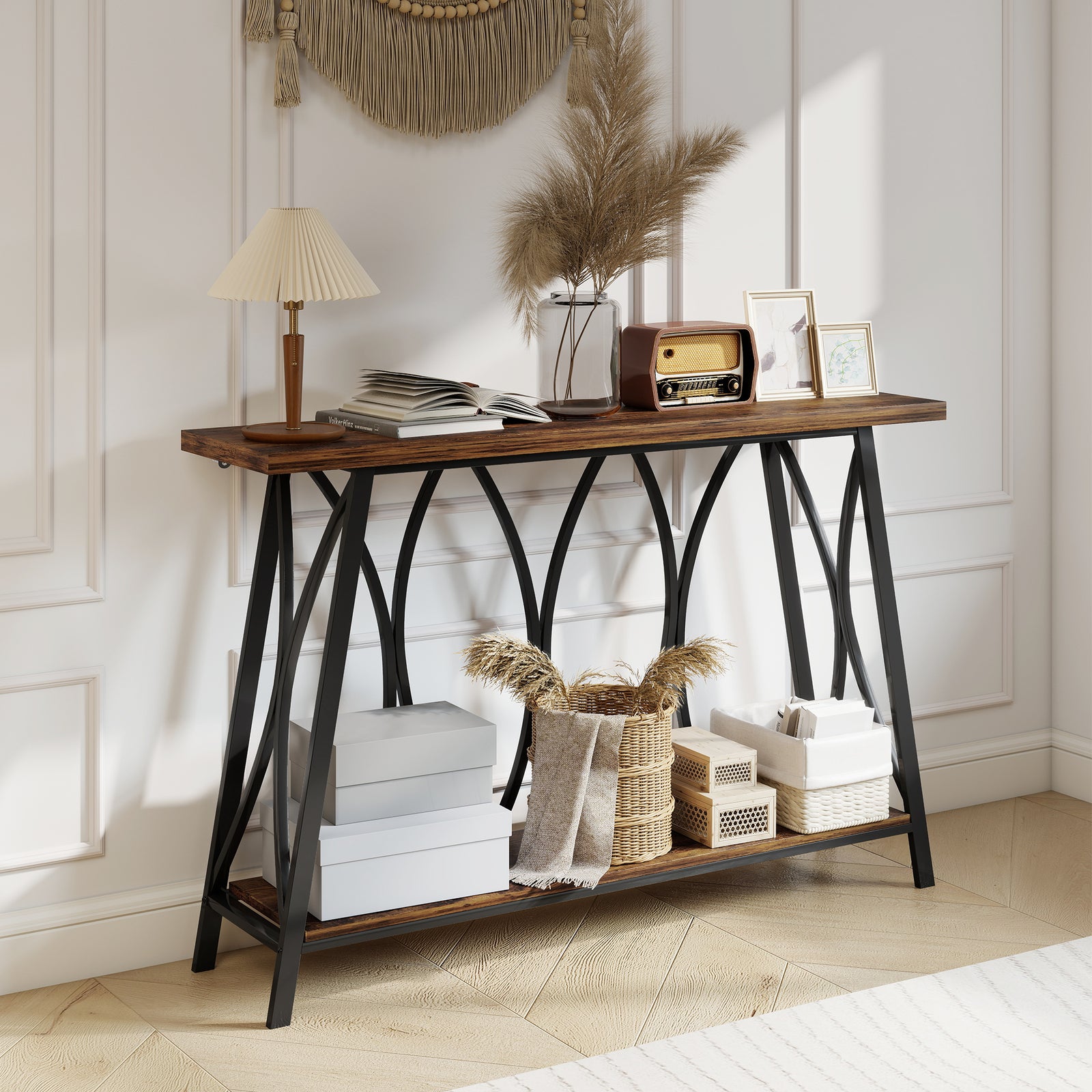 HOMCOM Console Table, Industrial Narrow Sofa Table With 2 Tiers, Metal Frame