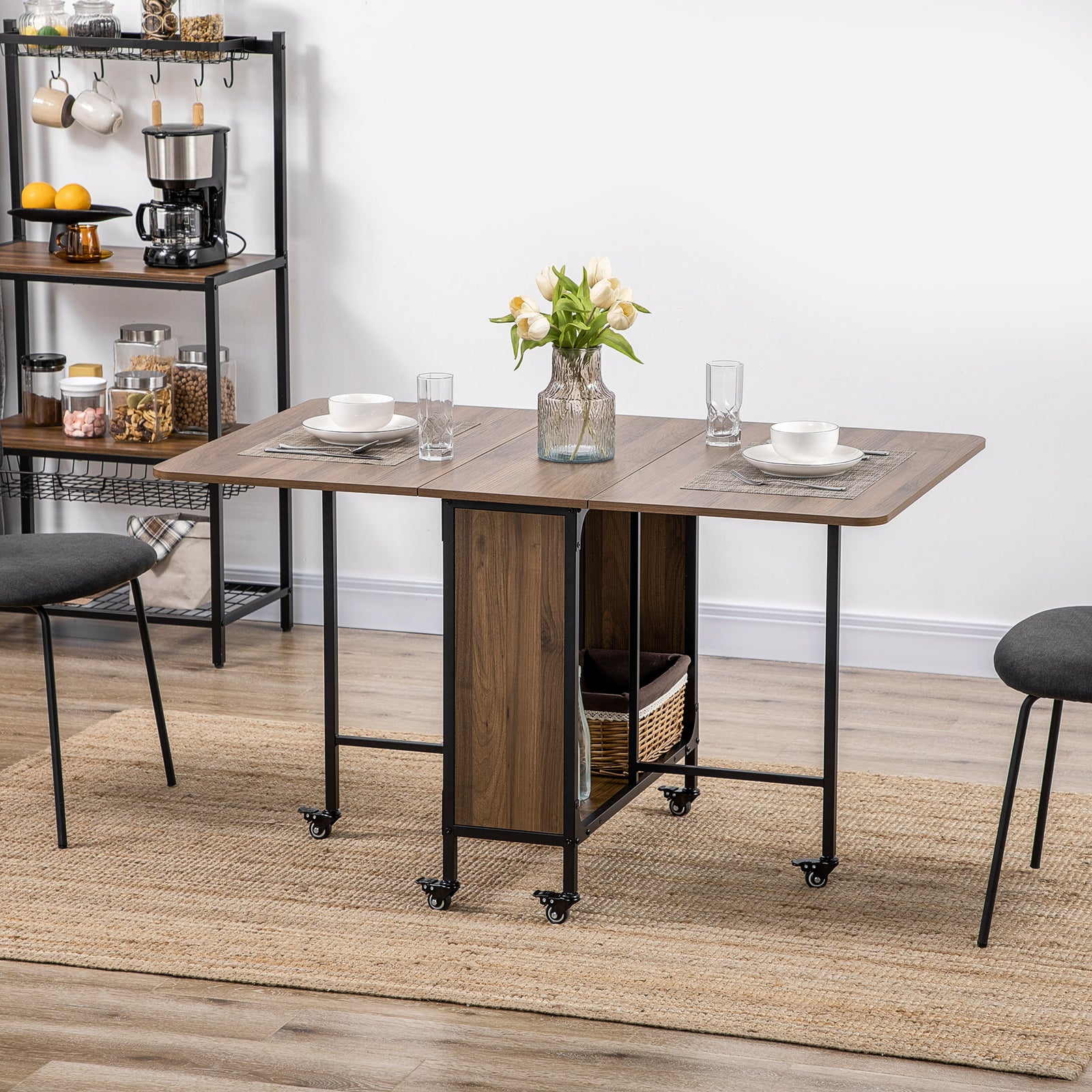 Mobile Drop Leaf Dining Table On Wheels With Storage Shelf | Brown