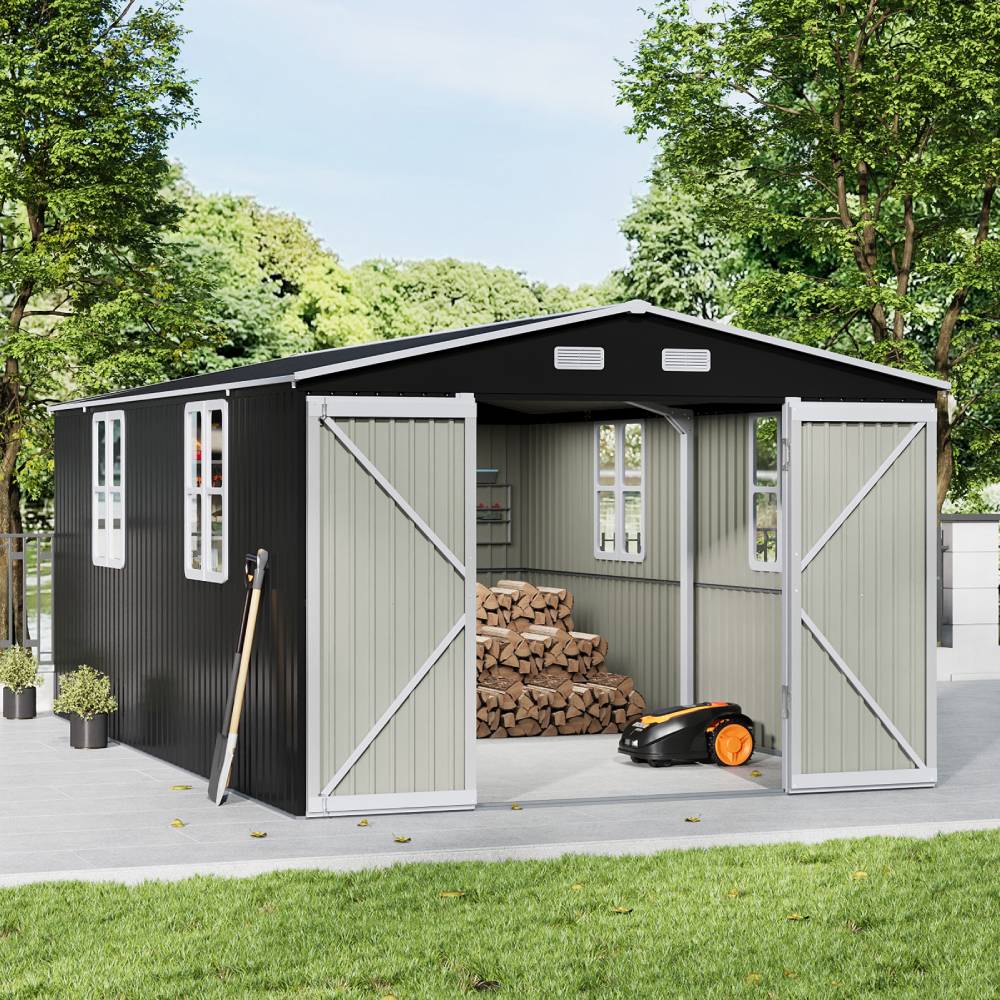 10x16ft Large Metal Storage Shed With Lockable Double Doors, 4 Windows, 4 Vents – Spacious Outdoor Tool Shed