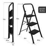 3 Step Ladder Black, Heavy-duty Steel Folding Home Diy Step Stool With Wide Non-slip Steps & Anti Slip Feet 150kg Capacity | 3 Step | Black