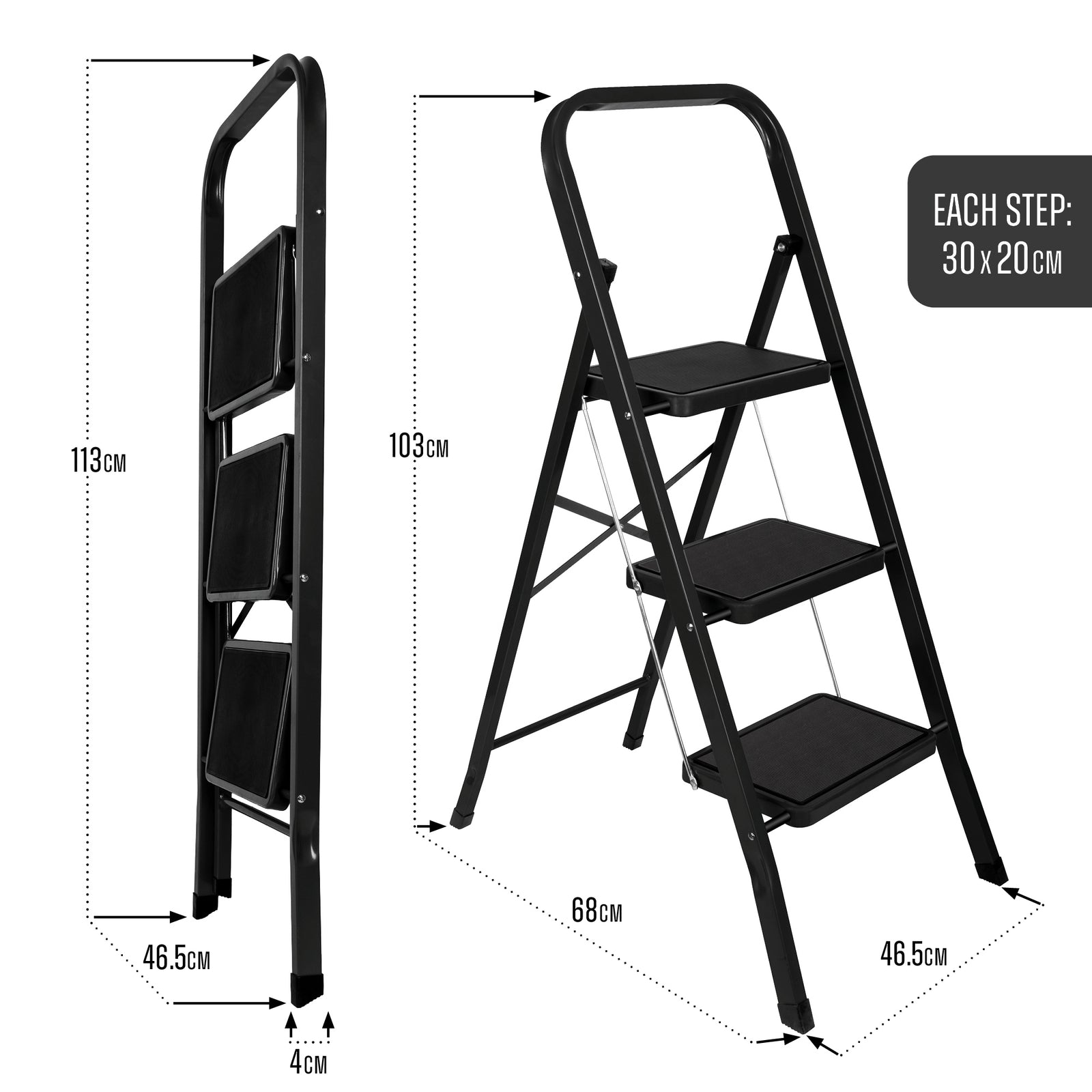 3 Step Ladder Black, Heavy-duty Steel Folding Home Diy Step Stool With Wide Non-slip Steps & Anti Slip Feet 150kg Capacity | 3 Step | Black