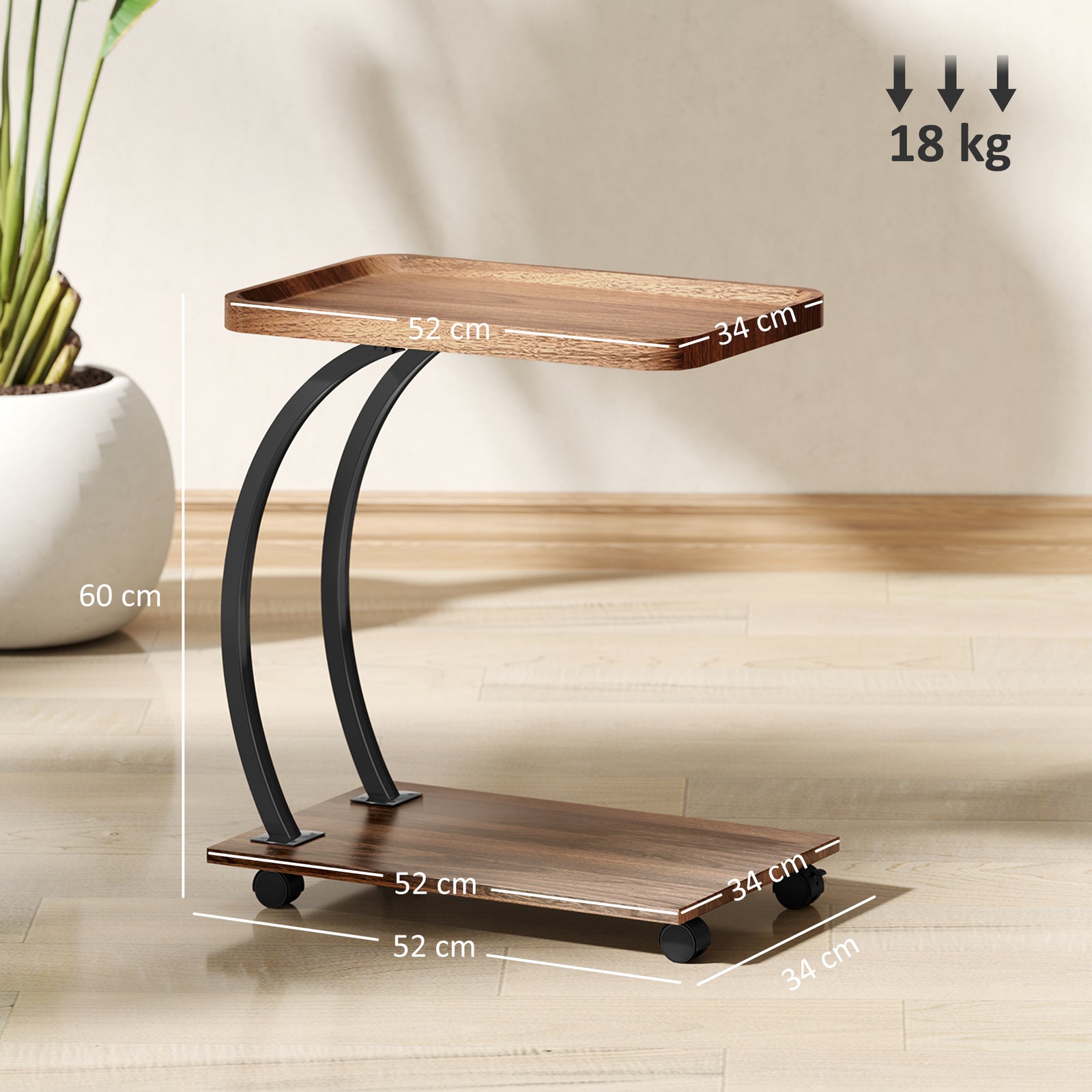 HOMCOM C Shaped Side Table With Storage & Wheels For Living Room, Brown