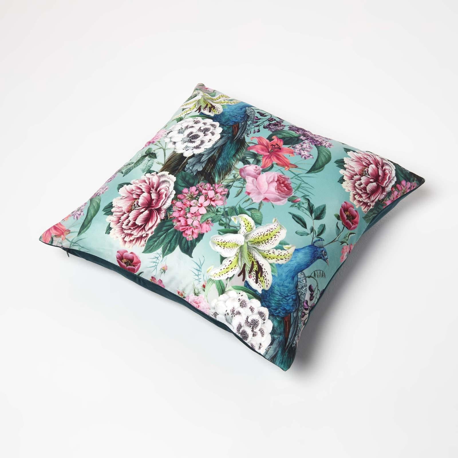 Floral Peacock Filled Velvet Cushion 46 X 46 Cm | 45cm x 45cm | Pink