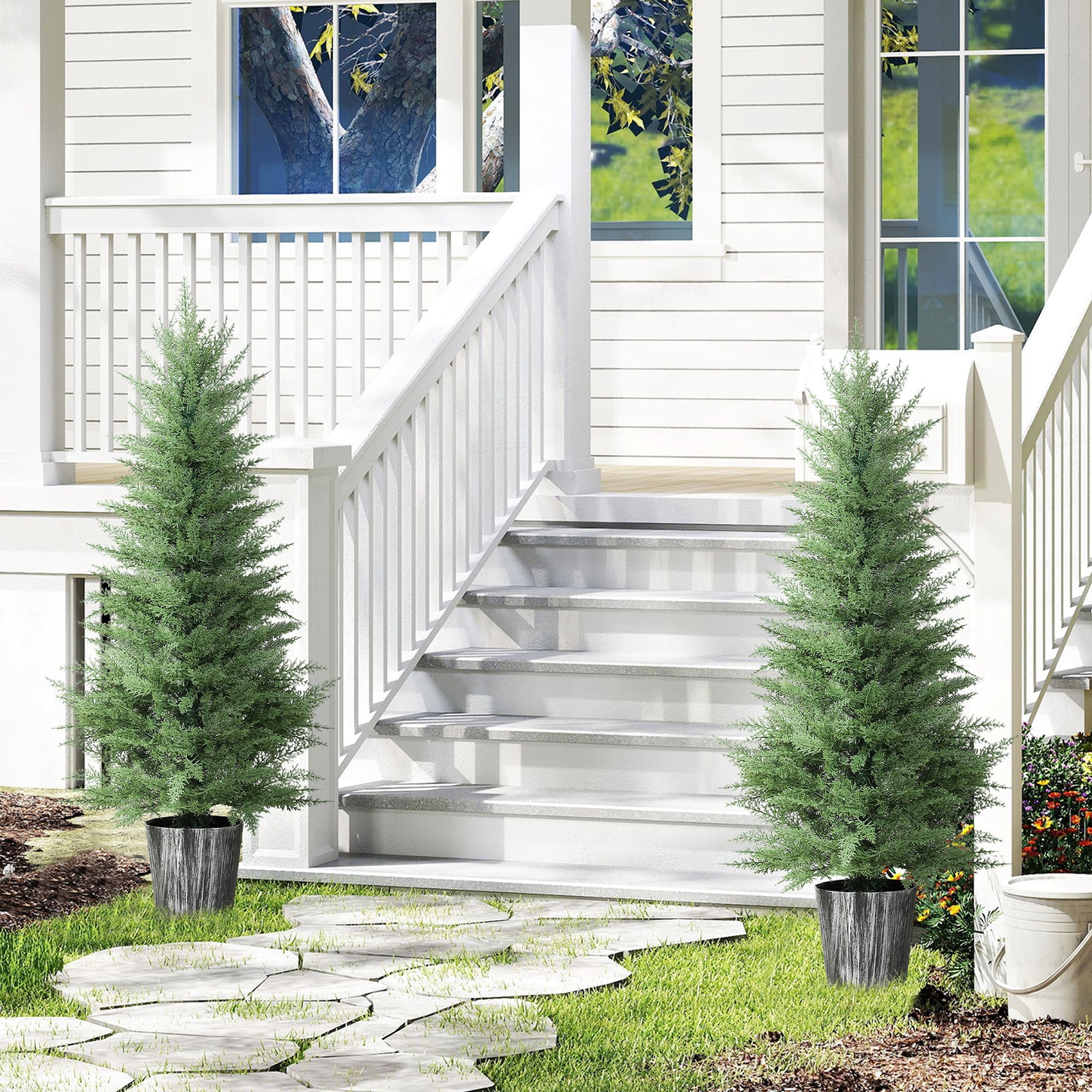 Set Of 2 Artificial Cypress Trees With Pe Leaves For Indoor Outdoor