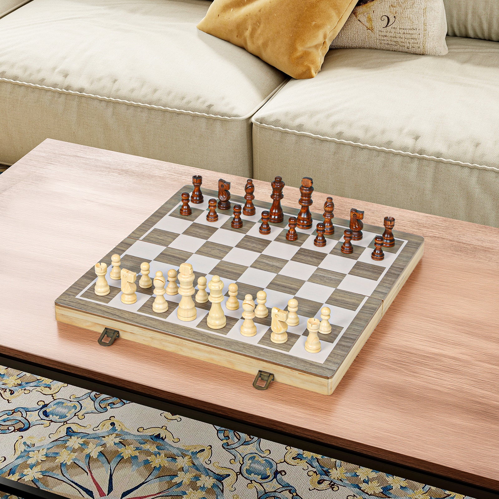 SPORTNOW 15 Inch Chess Set, Foldable Chess And Draughts Set, Brown