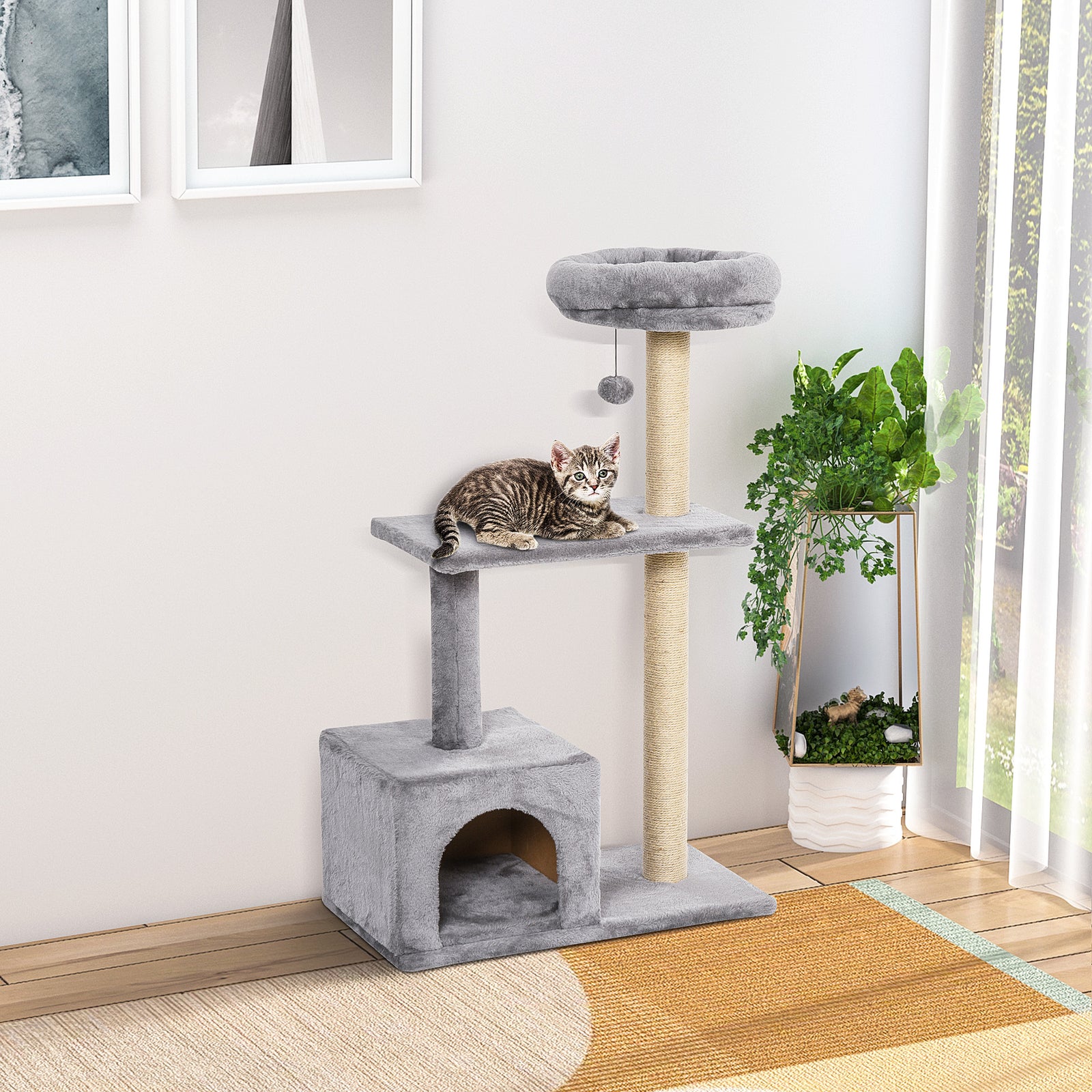 Cat Tree For Indoor Cats Kitten Tower W/ Scratching Posts Bed House Grey