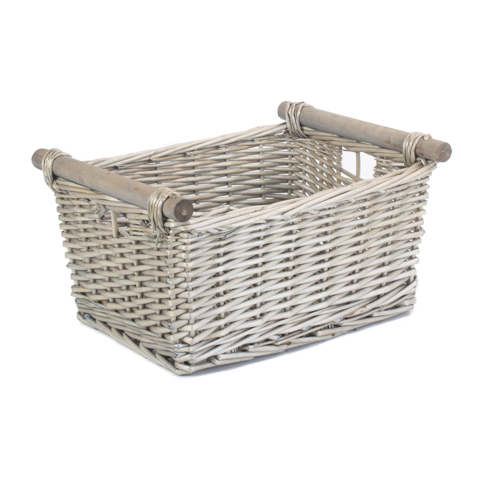 Wicker Grey Wash Wooden Handled Storage Basket | Medium | Gray