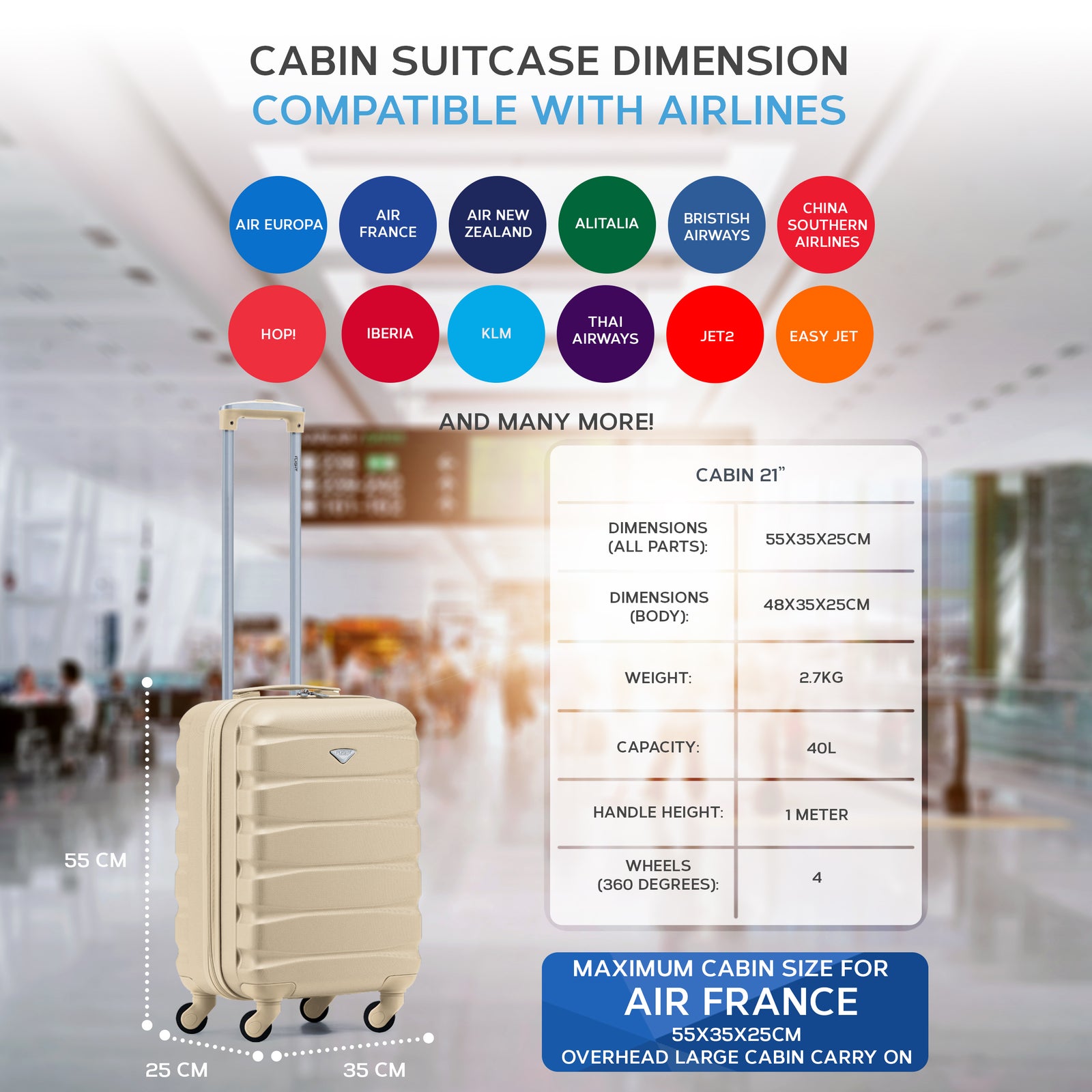 55x35x25cm Lightweight Suitcase - Cabin Carry On - Hard Shell - 4 Wheels Overhead Luggage | Cabin | Champagne