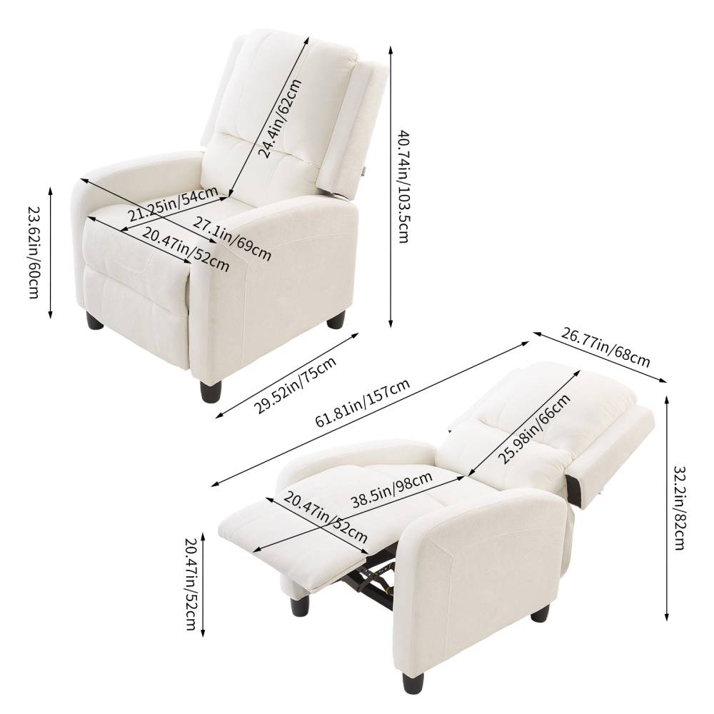 Living and Home Chenille Recliner Chair – Push-back Single Sofa With 140° Recline & Footrest, White Beige