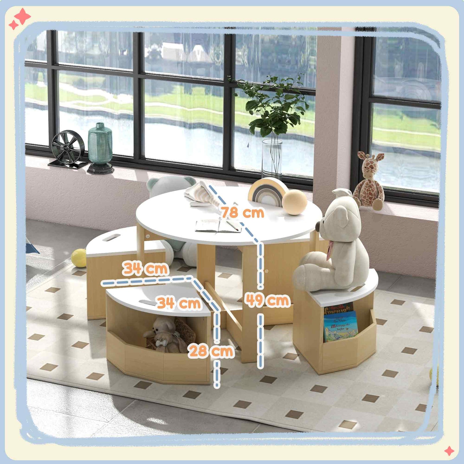 Five-piece Kids Table And Chairs Set With Storage | White