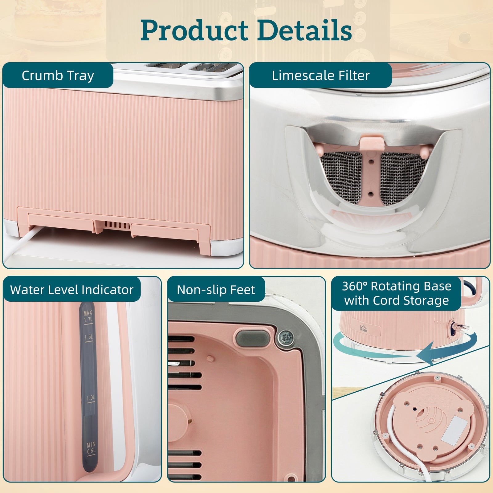 1.7l 3000w Rapid Boil Kettle And 4 Slice Toaster Set | Pink