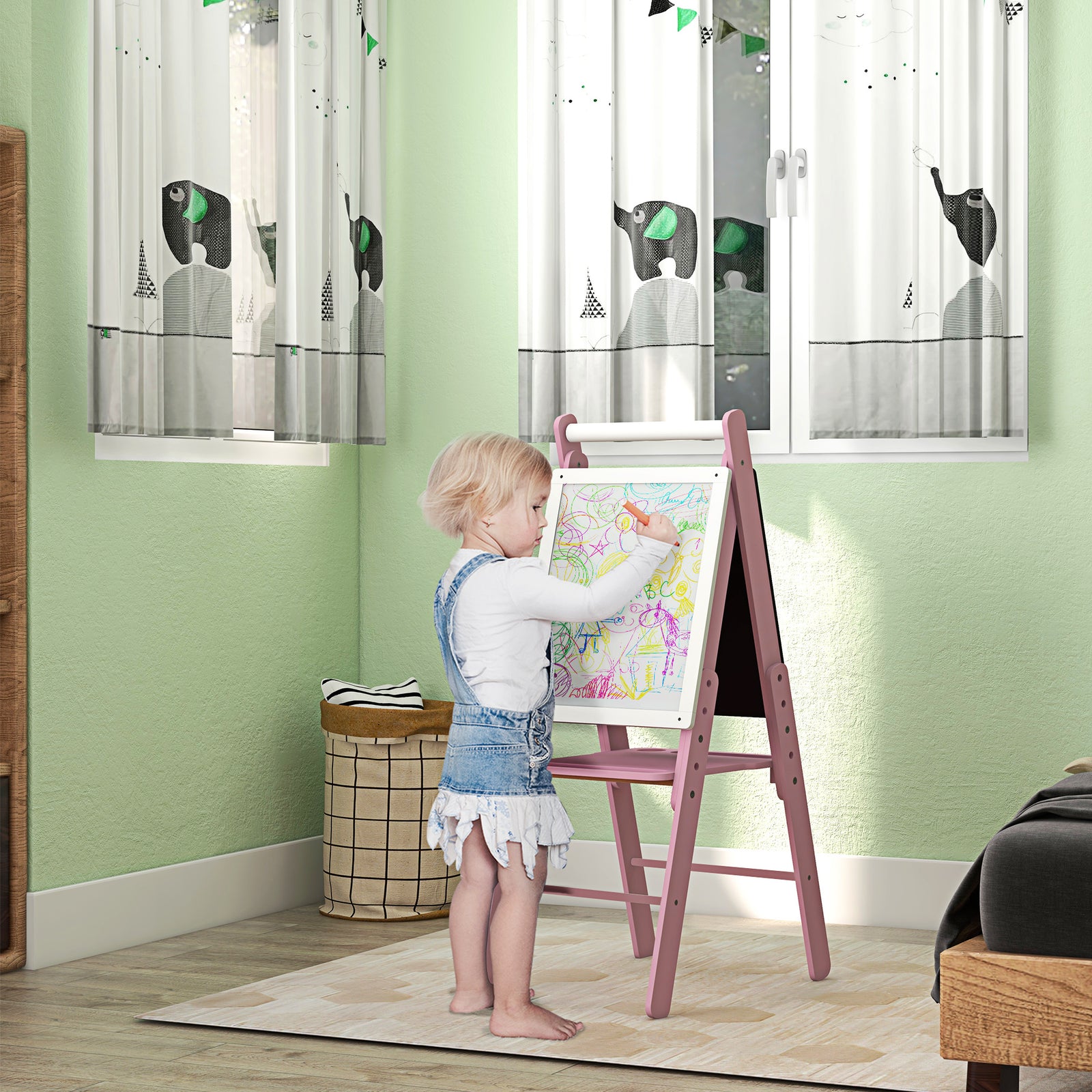 3 In 1 Easel For Kids, With Paper Roll, Adjustable Height | Pink