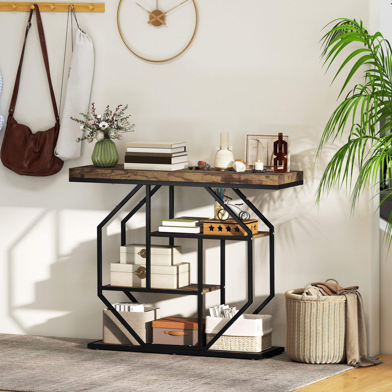 HOMCOM Industrial Console Table, Hallway Table With 4-tier Shelves