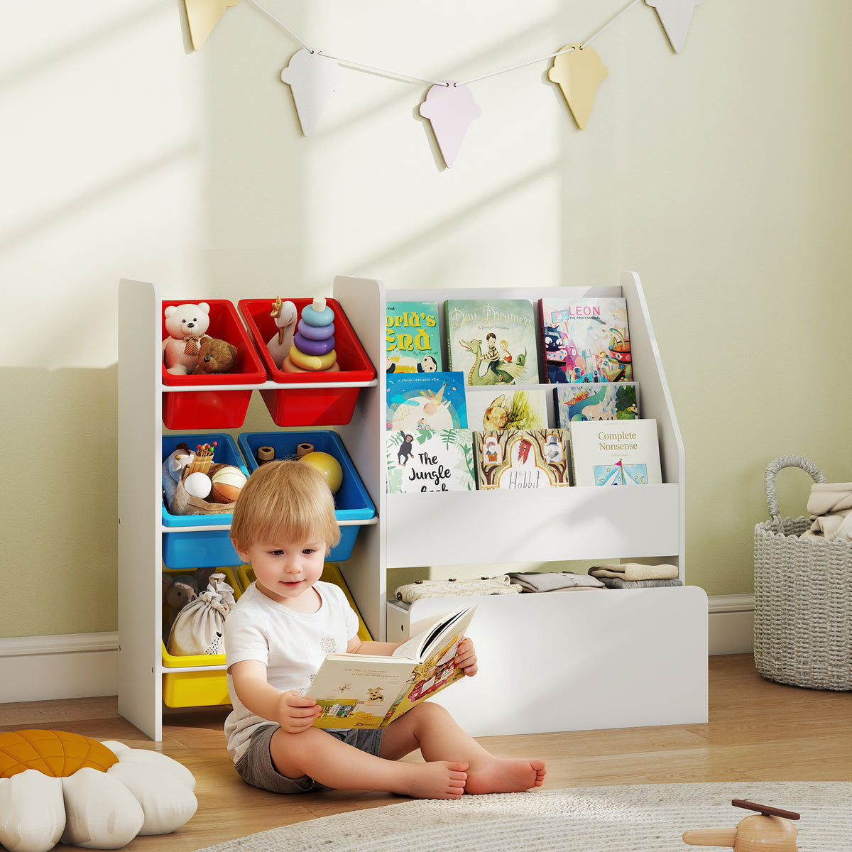 AIYAPLAY Toy Storage Unit, Childrens Bookcase With 6 Bins, Multicoloured