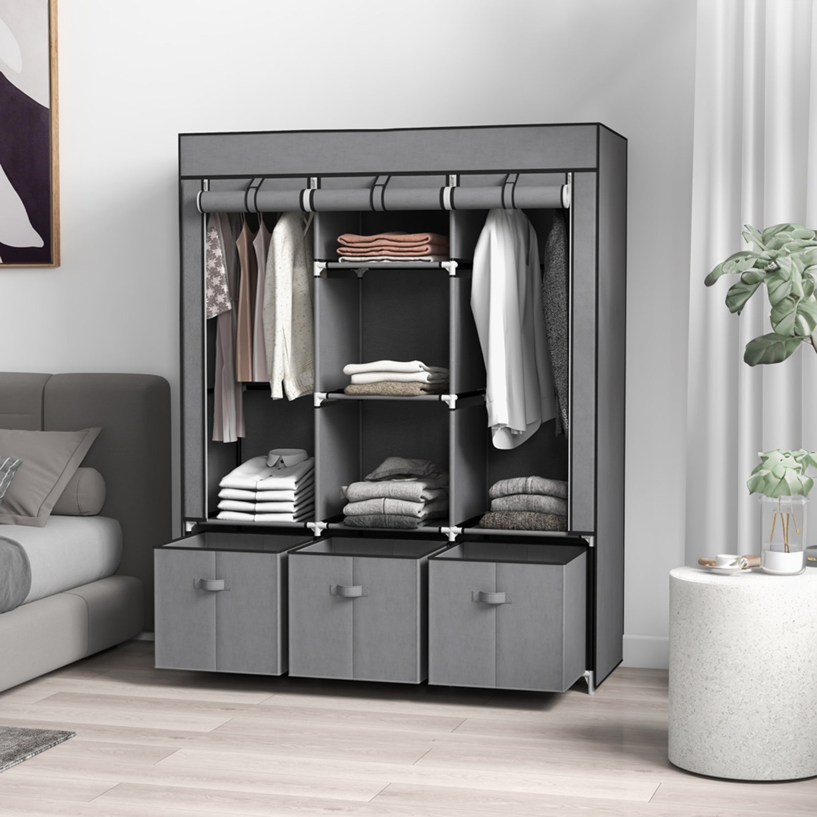 Portable Wardrobe W/ 5 Shelves 3 Fabric Drawers And 2 Rails