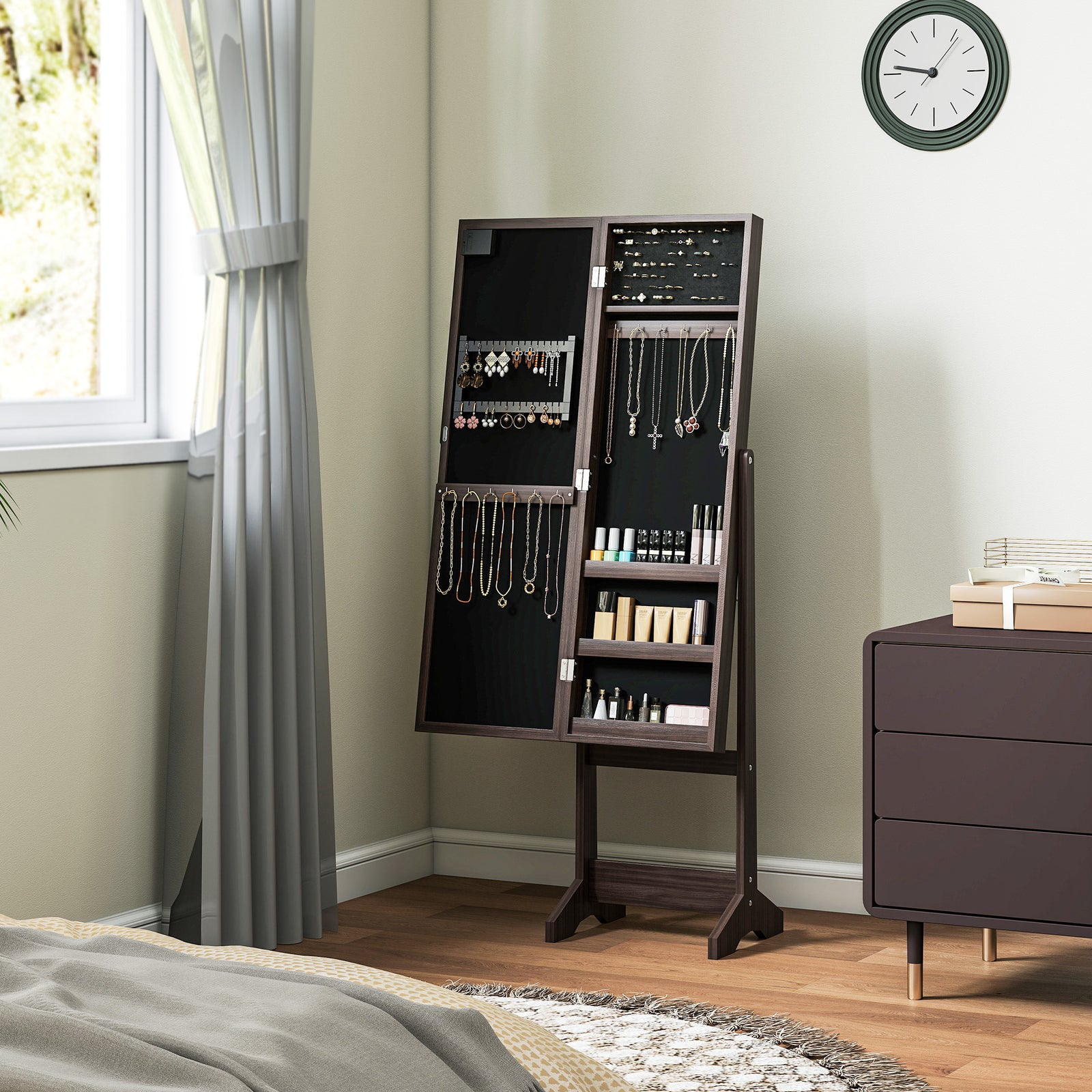 Freestanding Mirror Jewelry Cabinet With Led Lights | Dark Brown