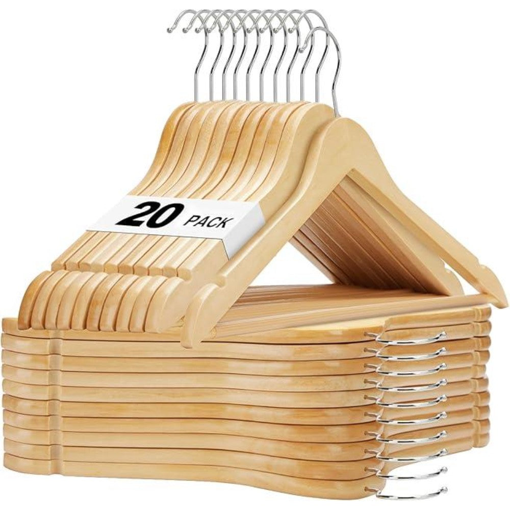 20 Pack Wooden Clothes Hangers With Non Slip Bar | Natural