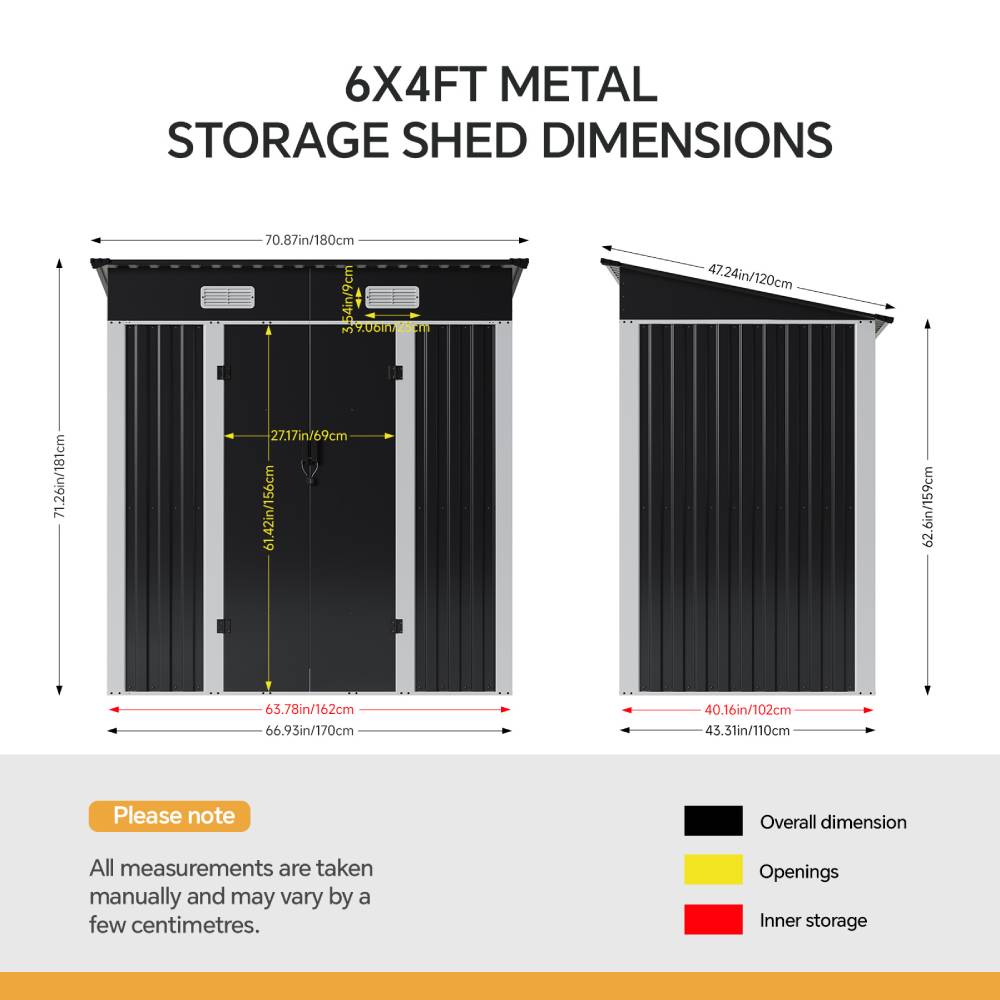 Breeins 6x4ft Lockable Metal Outdoor Storage Shed with Pent Roof, Double Hinge Doors & Air Vents, Weather-Resistant Garden Tool Storage House
