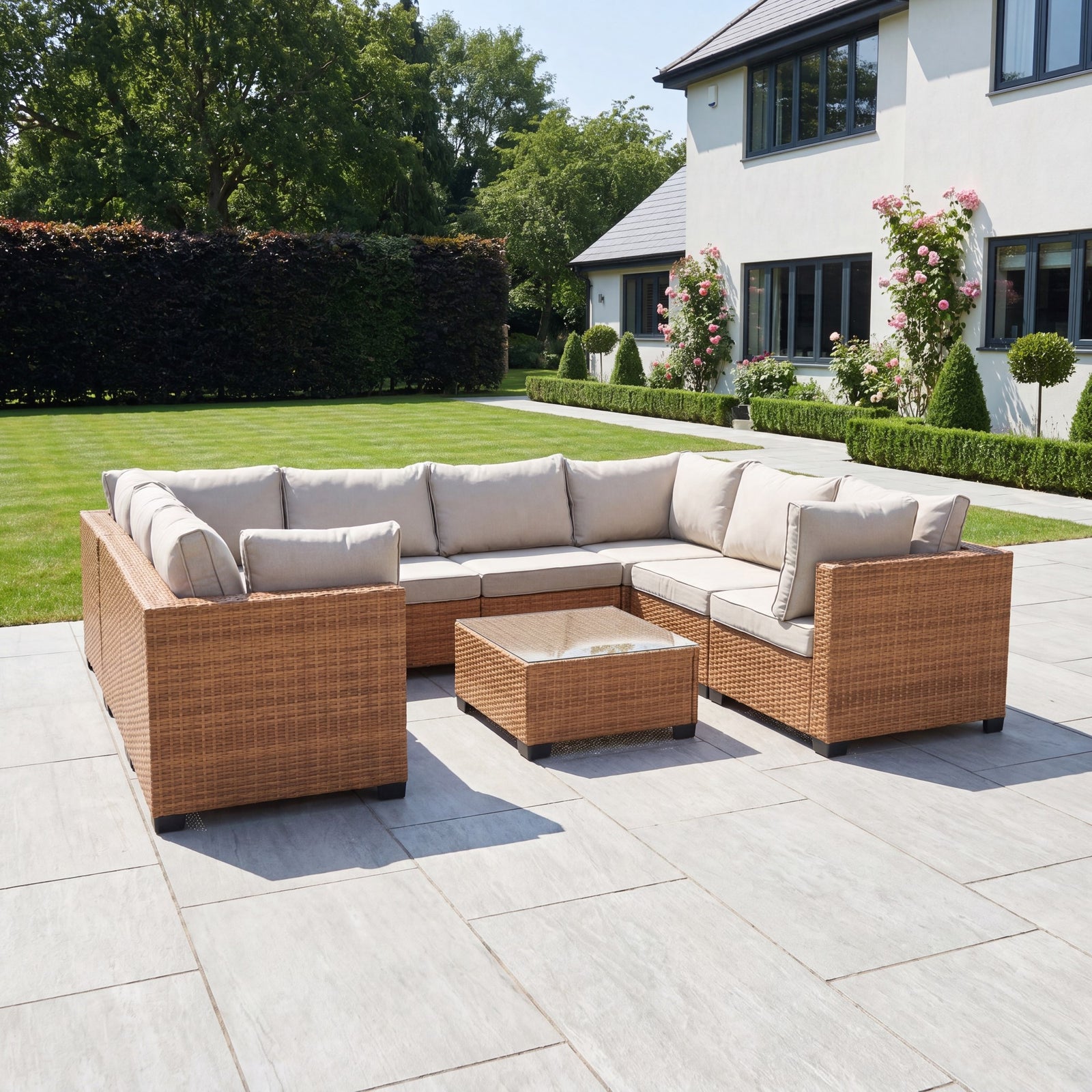 Saviano 8 Seat Modular U-shaped Rattan Corner Set | Cream & Brown