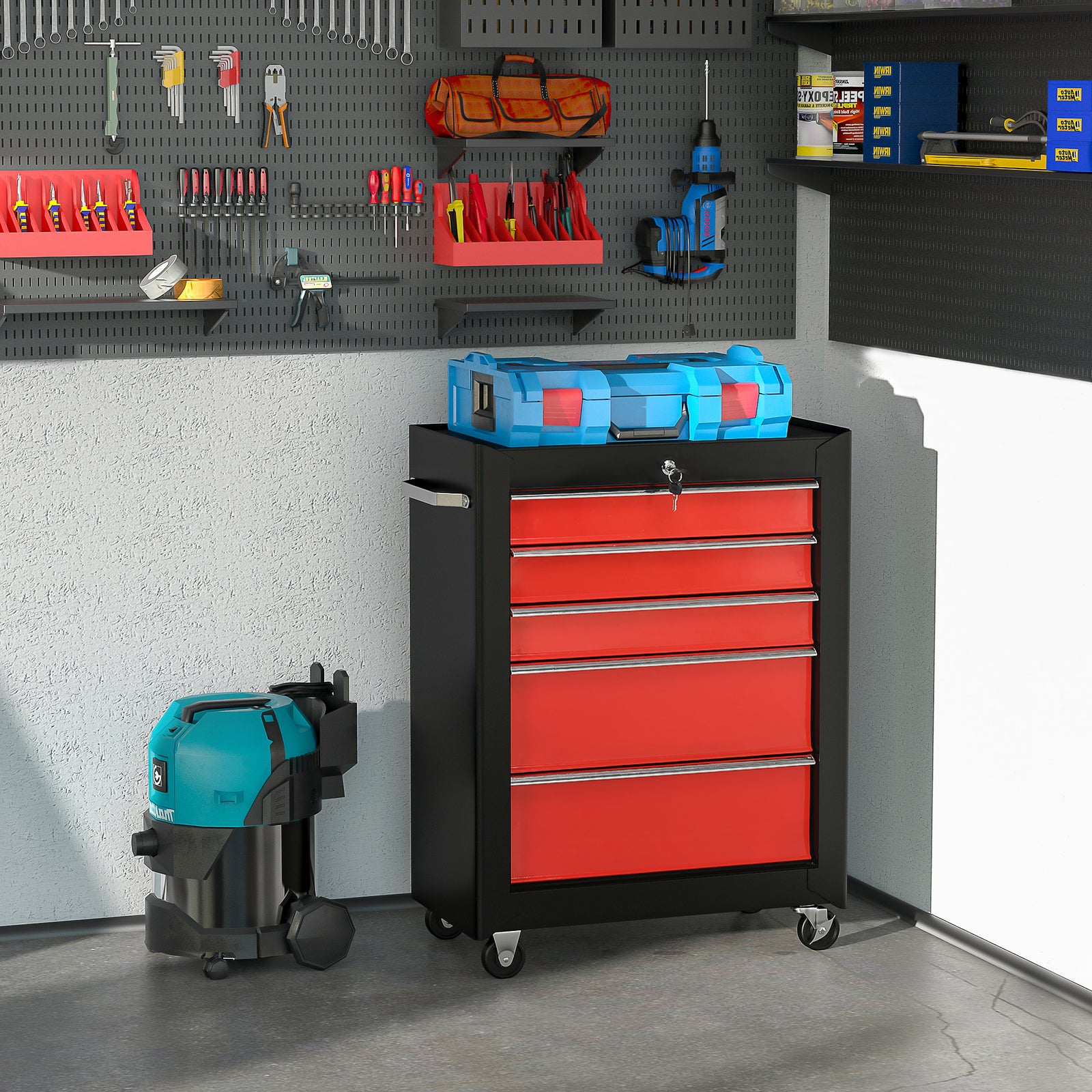5-drawer Lockable Tool Cabinet With Wheels | Red