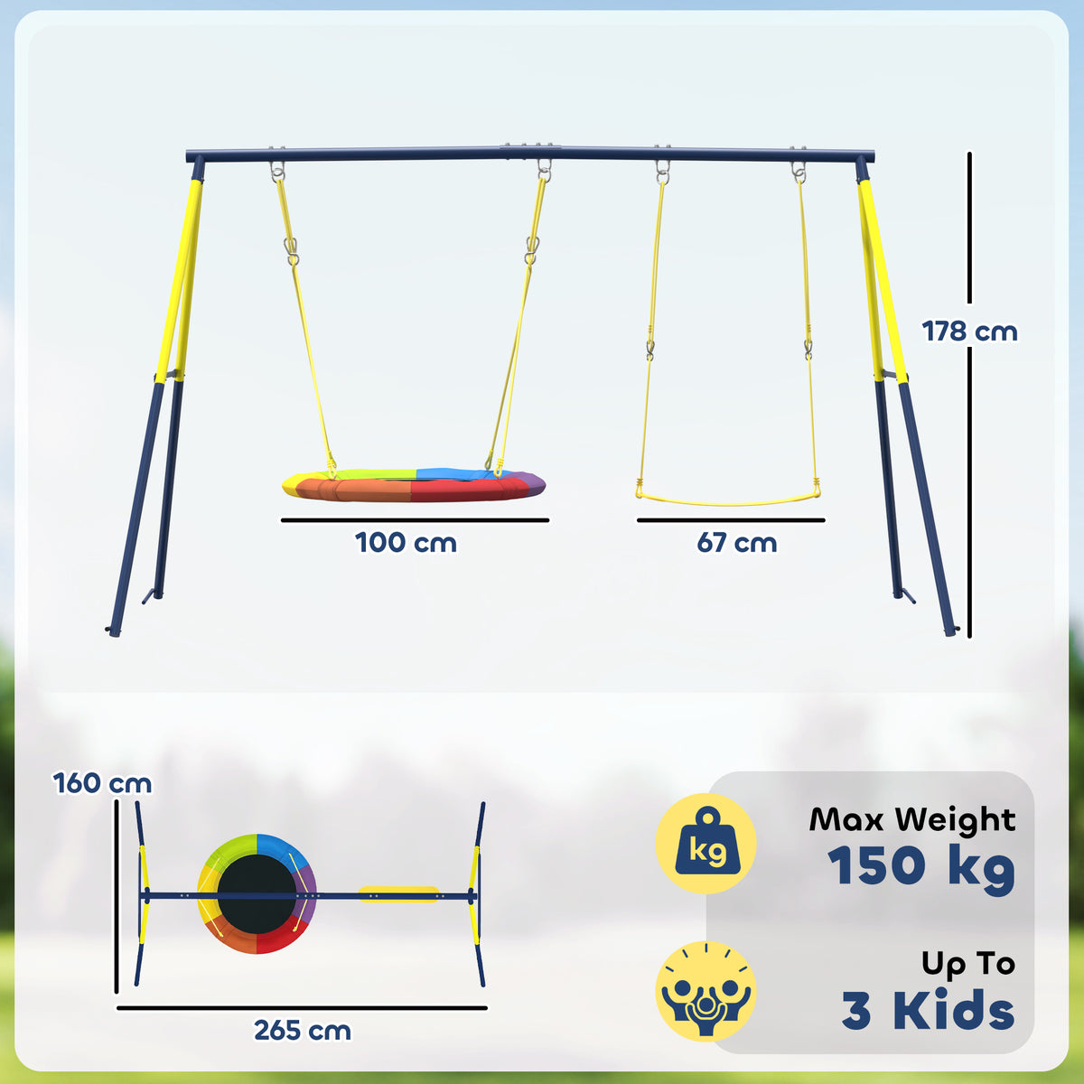 AIYAPLAY Kids Swing Set With Double Swings, Metal Frame, 150kg Capacity
