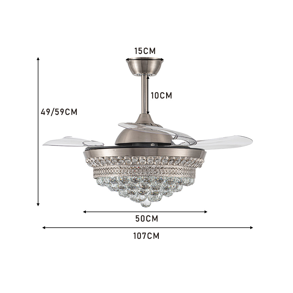 42" Crystal Ceiling Fan With 3 Blades & 3 Color Led Light Modern Dimmable Fan With Remote Control