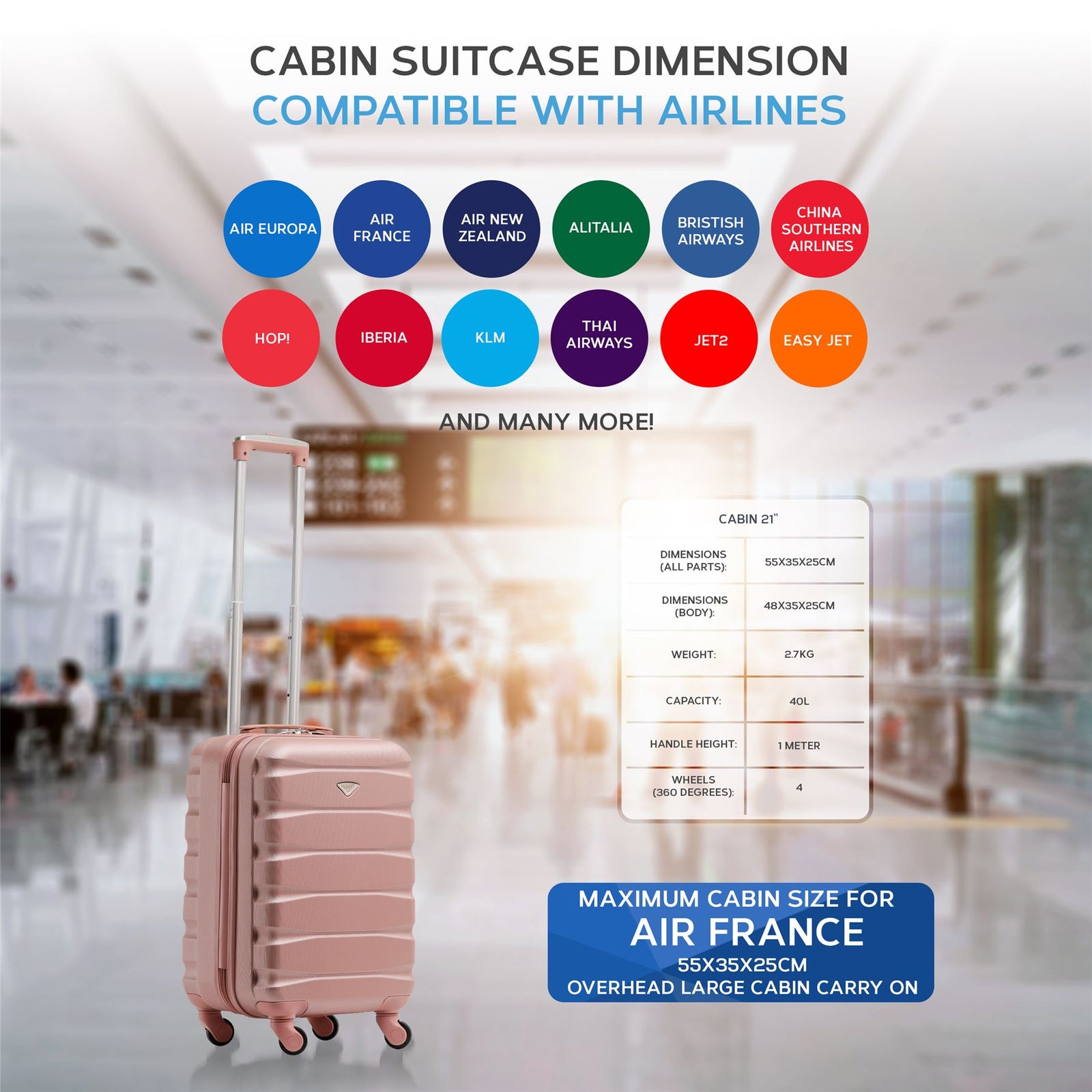 55x35x25cm Lightweight Suitcase - Cabin Carry On - Hard Shell - 4 Wheels Overhead Luggage | Cabin | Rose