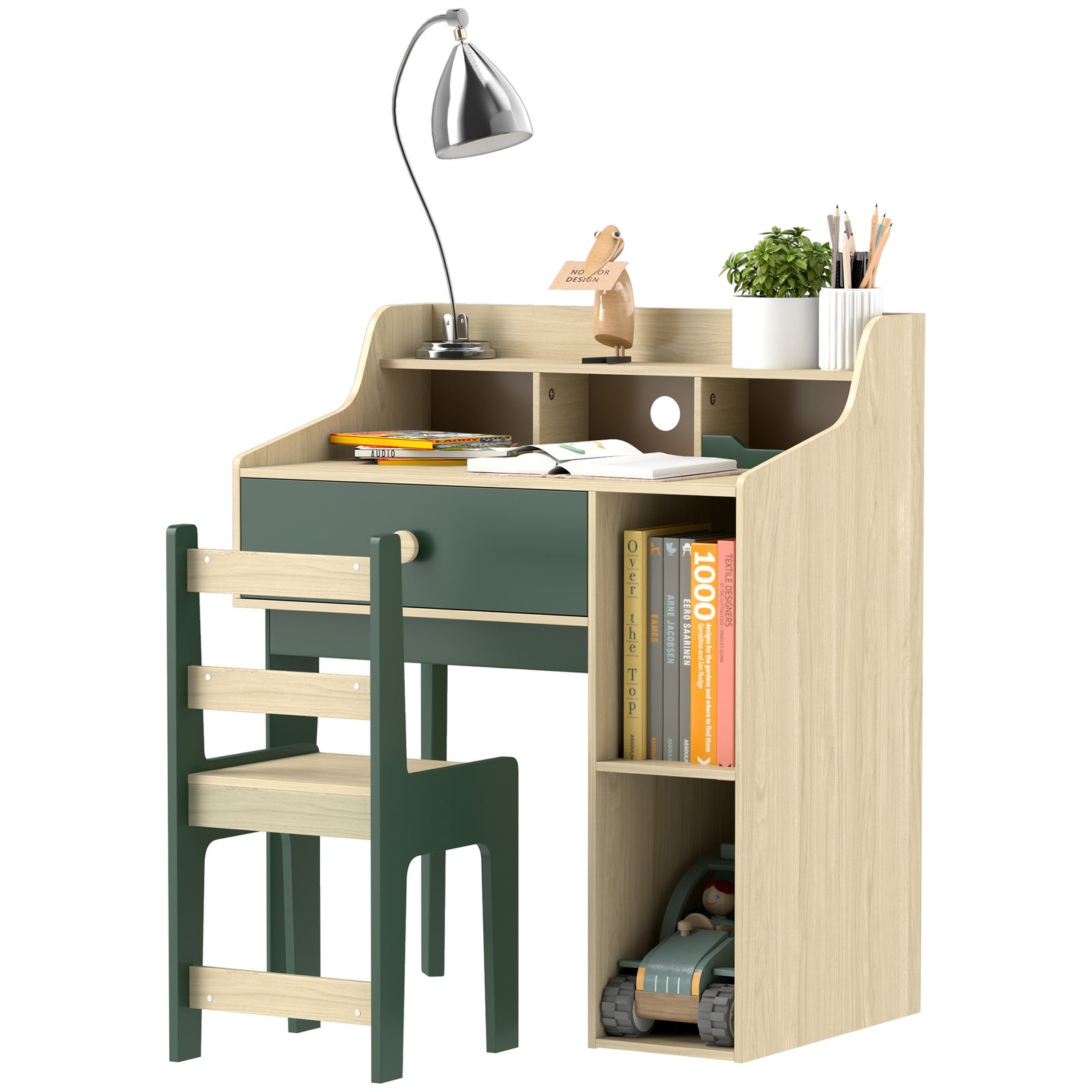 Aiyaplay Kids Desk And Chair Set With Storage Shelves, Drawer, Green
