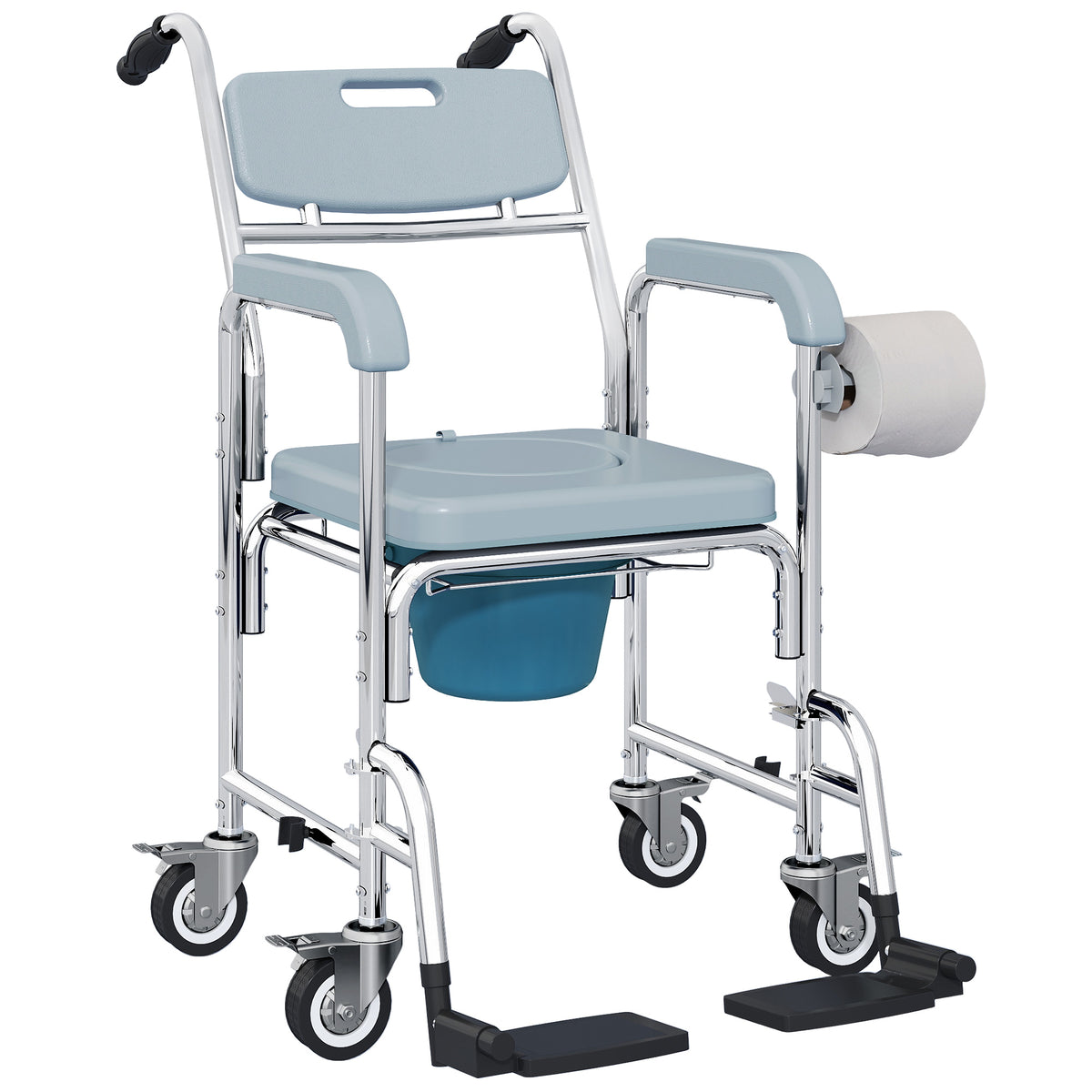 HOMCOM 4 In 1 Shower Chair With Wheels, Bedside Commode Wheelchair, Grey