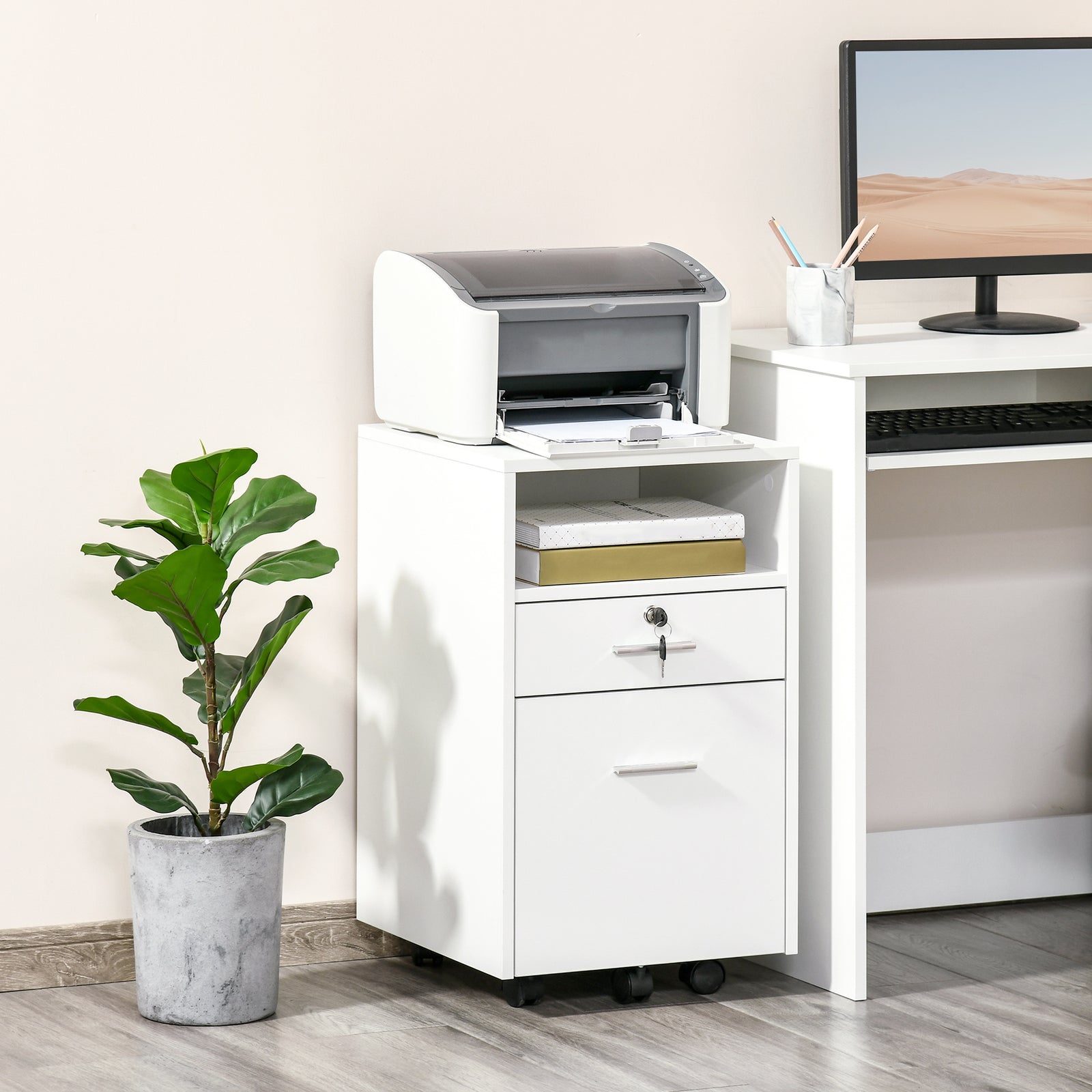 Mobile File Cabinet Lockable Documents Storage With Wheels | One Size | White