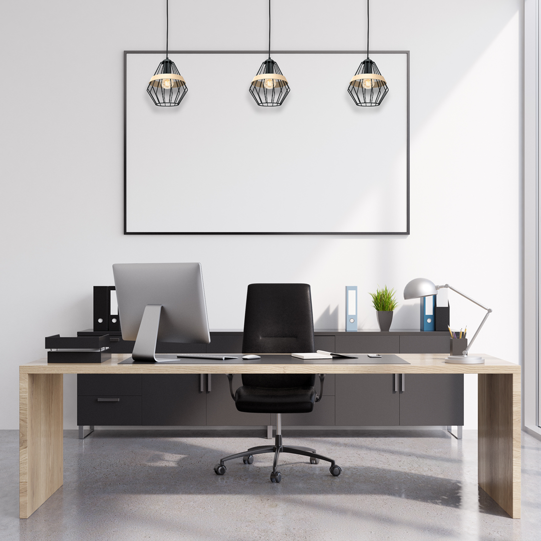 Cliff Black Pendant Lamp 1xe27 Hand Made Matt Black Cage Style Lamps With Natural Wood Detail