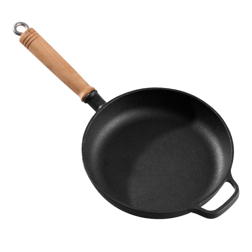 25/27cm Dia Round Cast Iron Skillet With Removable Wooden Handle | Small | Black