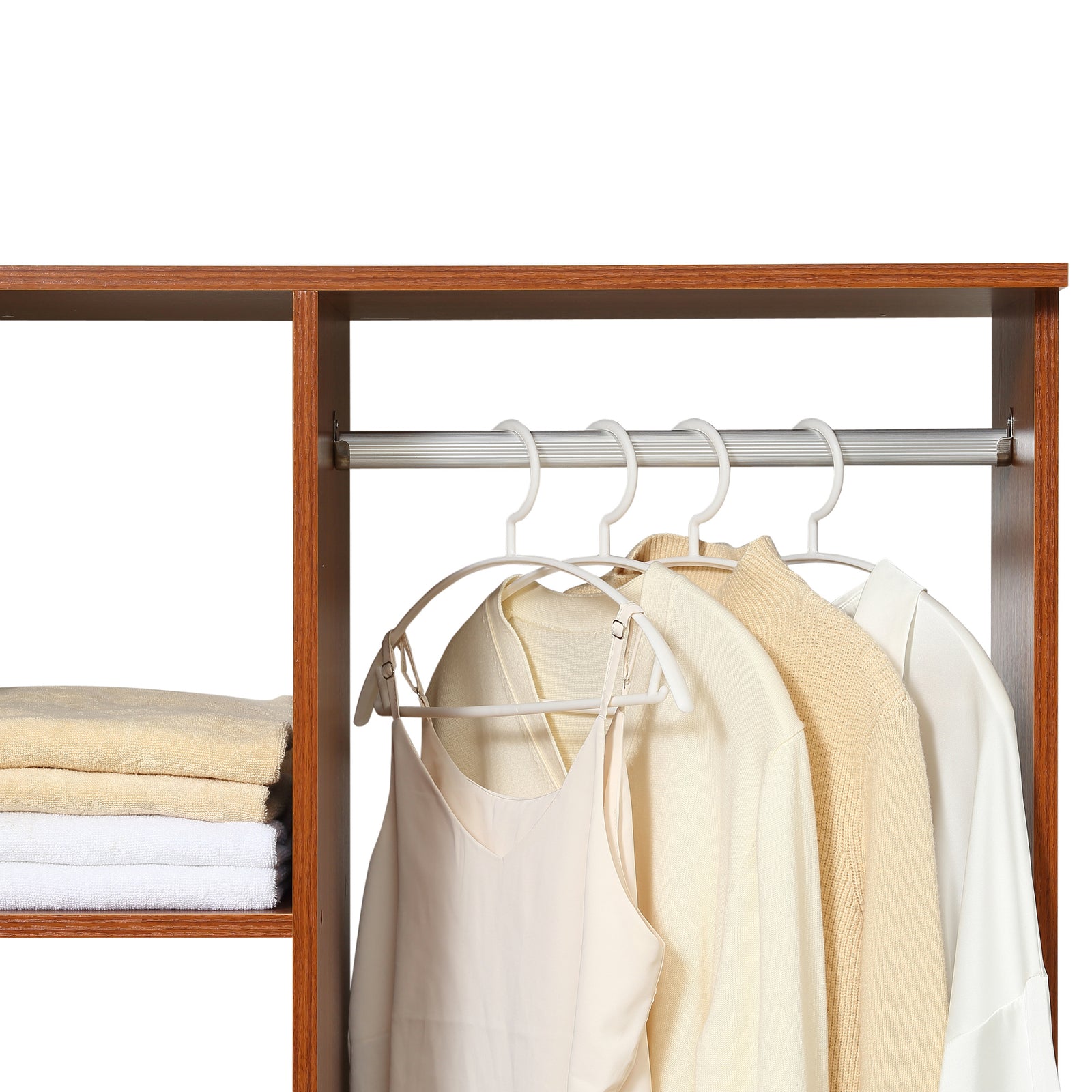Rolling Open Wardrobe Hanging Rail Storage Shelves Clothes | One Size | Walnut