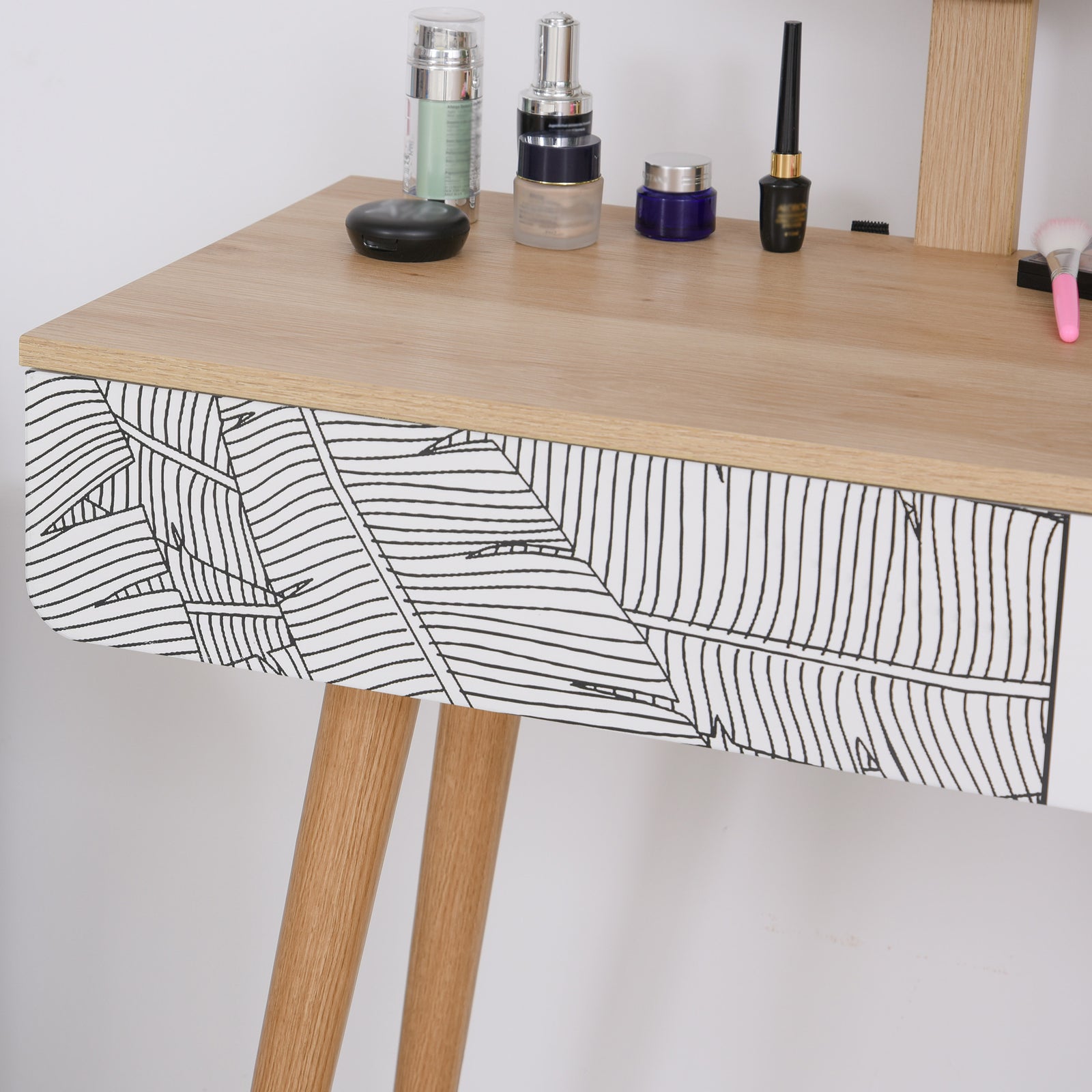 Wooden Compact Dressing Table W/ Drawer Mirror 4 Legs