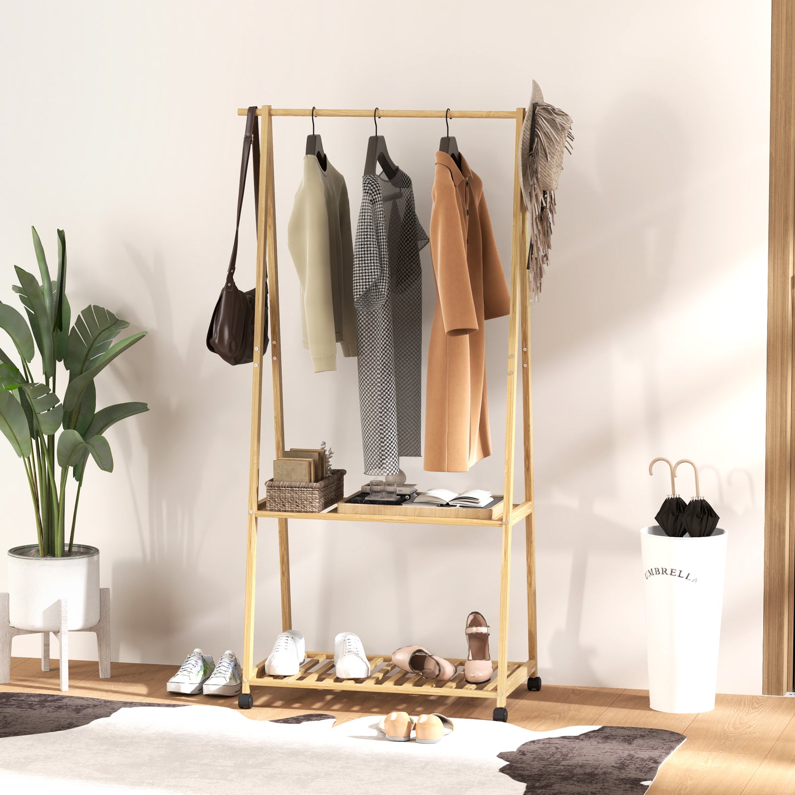 Bamboo Clothes Rail Rack With 2 Storage Shelves