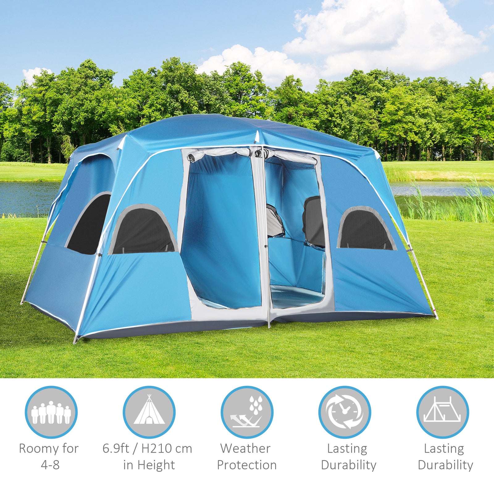 Camping Tent, Family Tent 4-8 Person 2 Room Easy Set Up | Blue