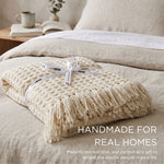 Pure Handmade 100% Wool Heavyweight Waffle Bed & Sofa Throw Blanket, Cream