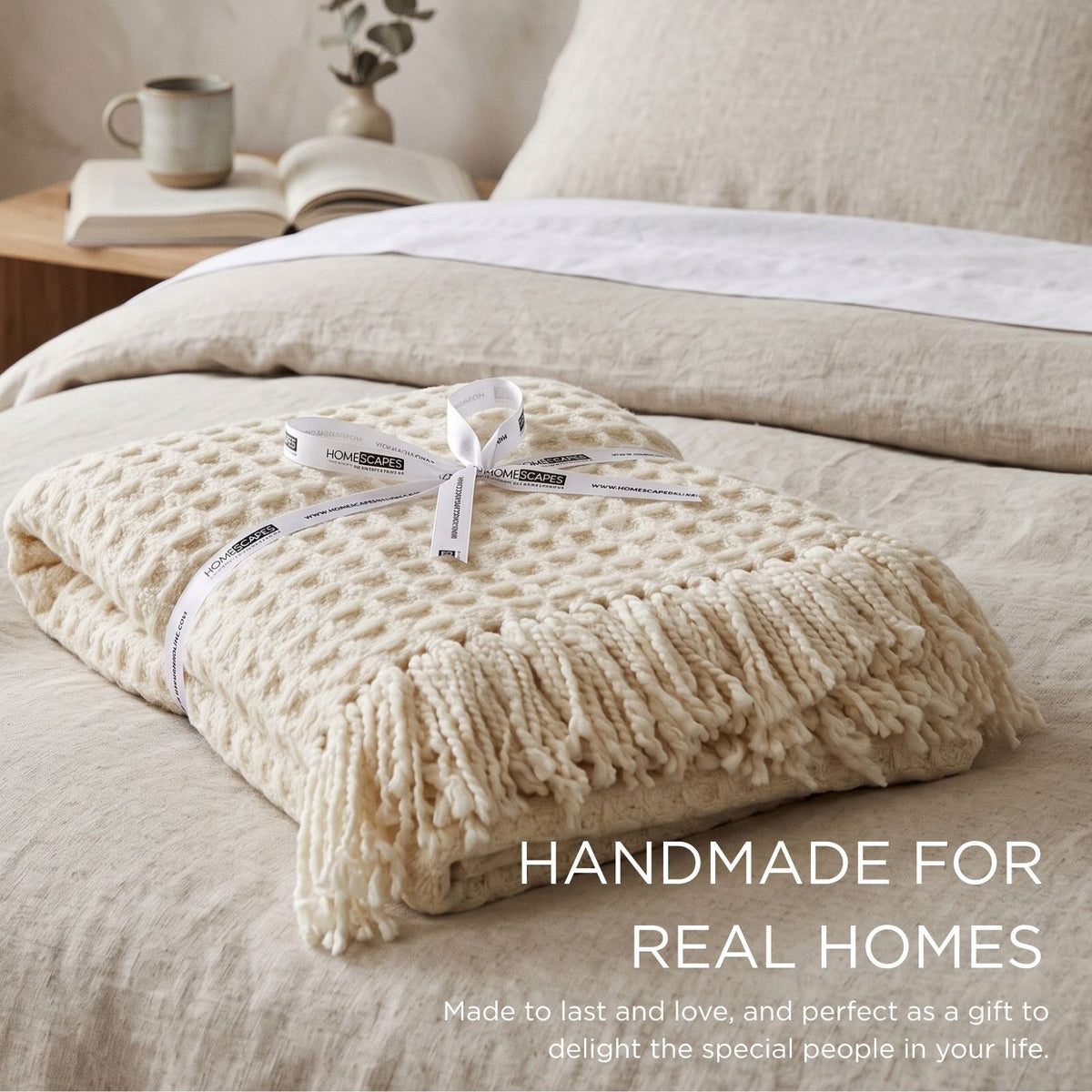 Pure Handmade 100% Wool Heavyweight Waffle Bed & Sofa Throw Blanket, Cream