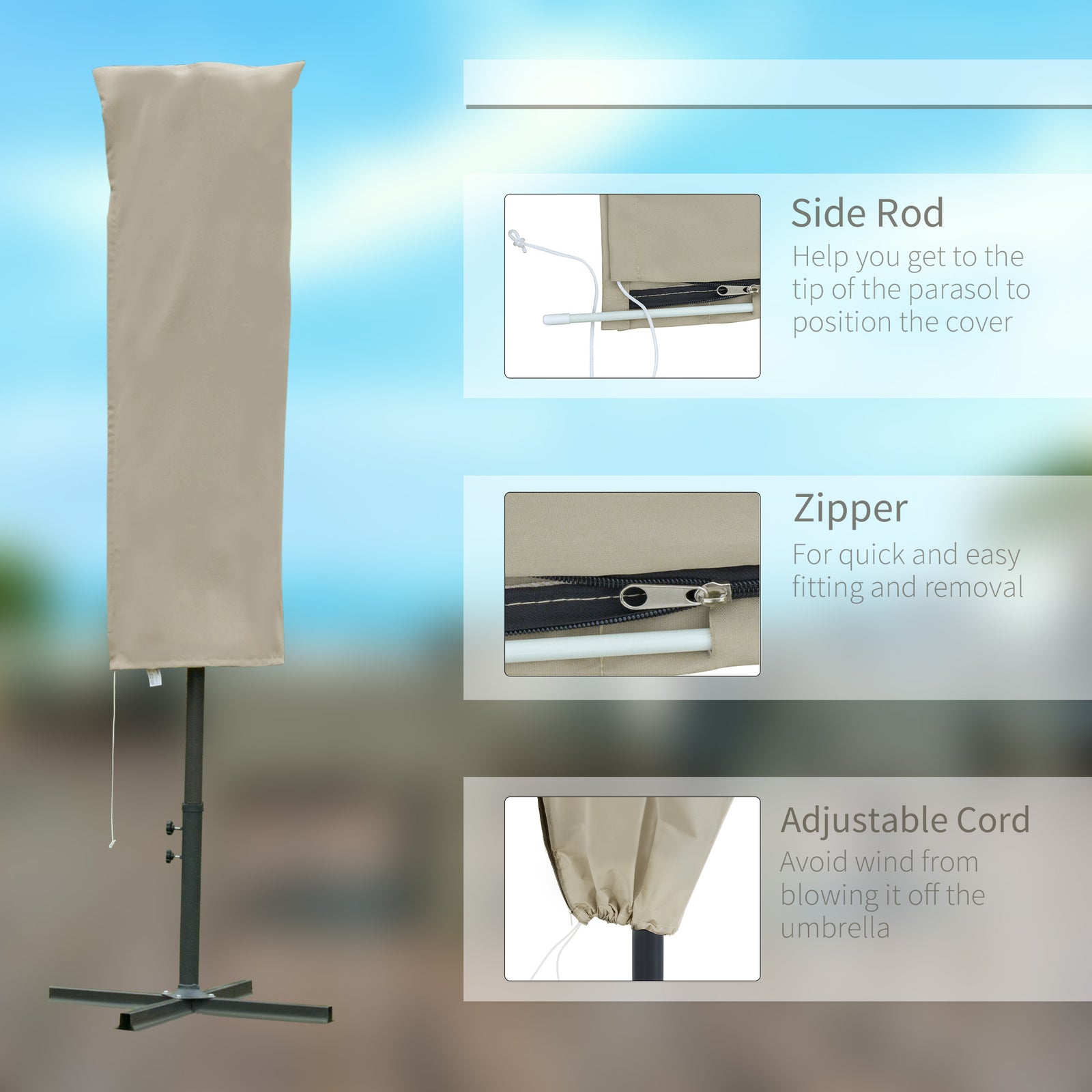 Garden Parasol Cover For 2-4m Outdoor Umbrella Uv Protector | Khaki