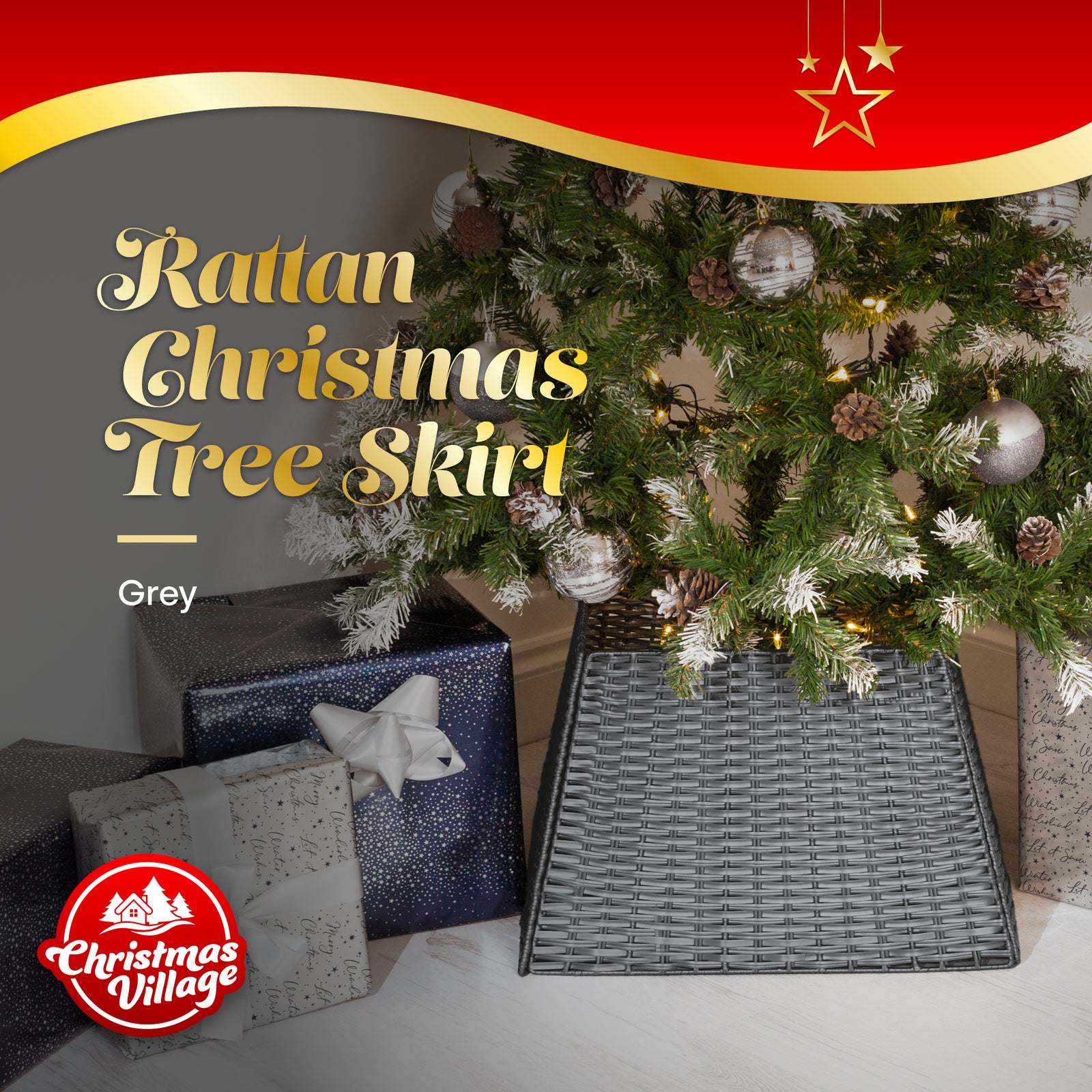 Grey Rattan Christmas Tree Skirt Durable Foldable Basket