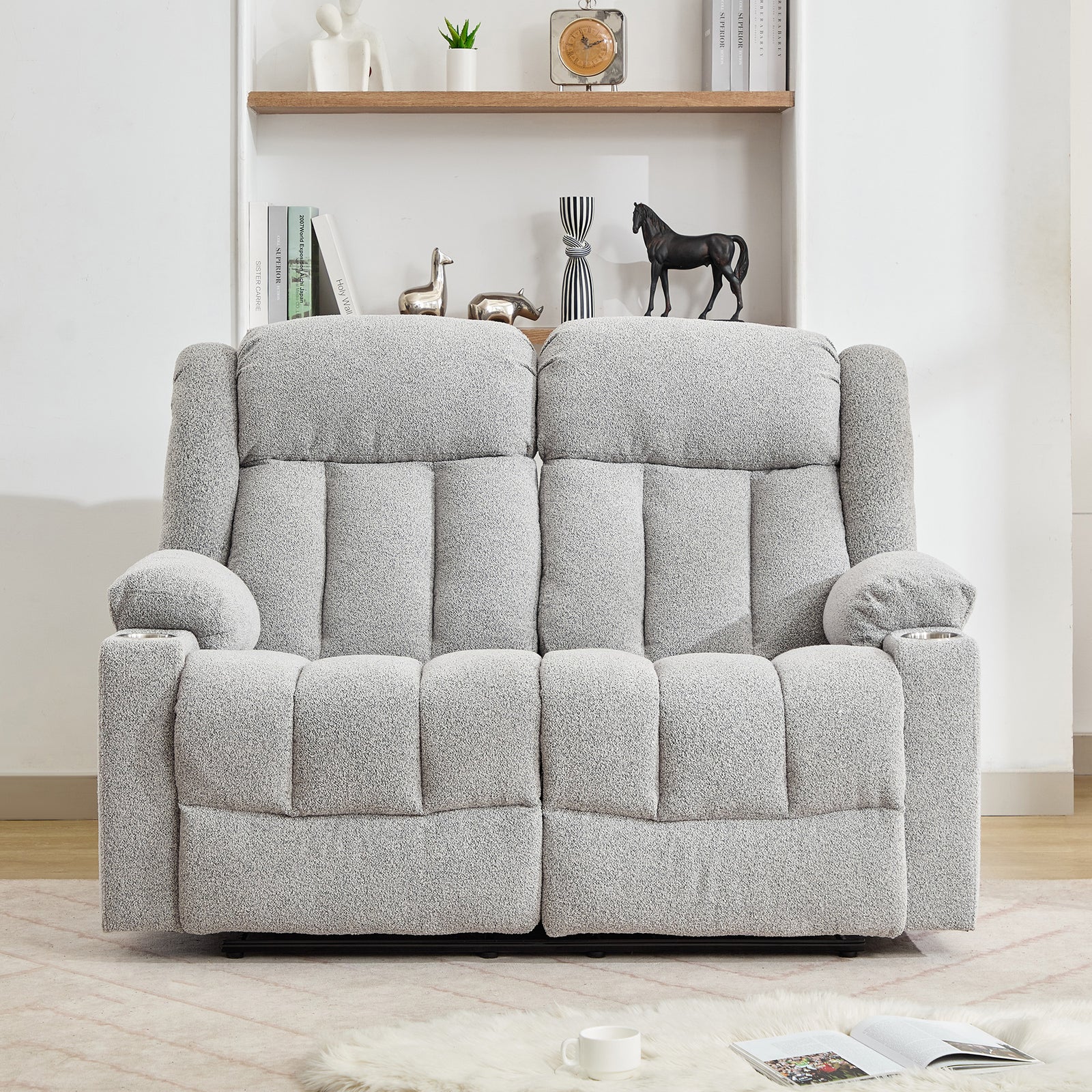 Lovell 2 Seat Manual Recliner Sofa With Cup Holders | Light Grey