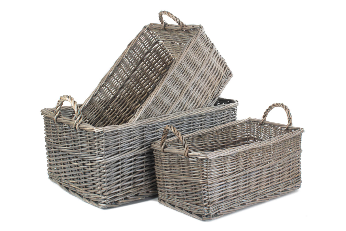 Wicker Shallow Antique Wash Storage Basket | Set of 3 | Brown