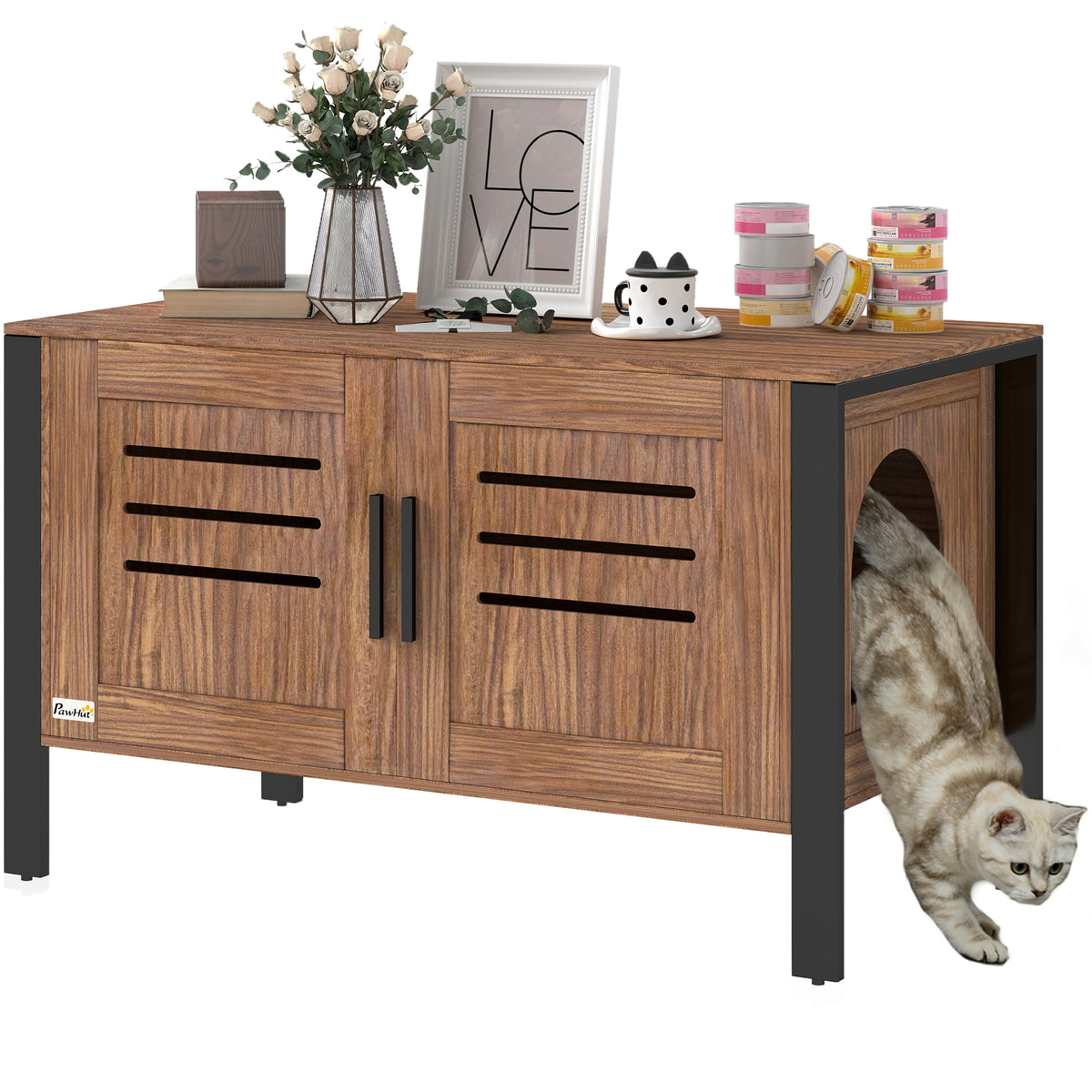 Cat Litter Box Enclosure W/ Tall Legs, Scratching Board, Dark Brown