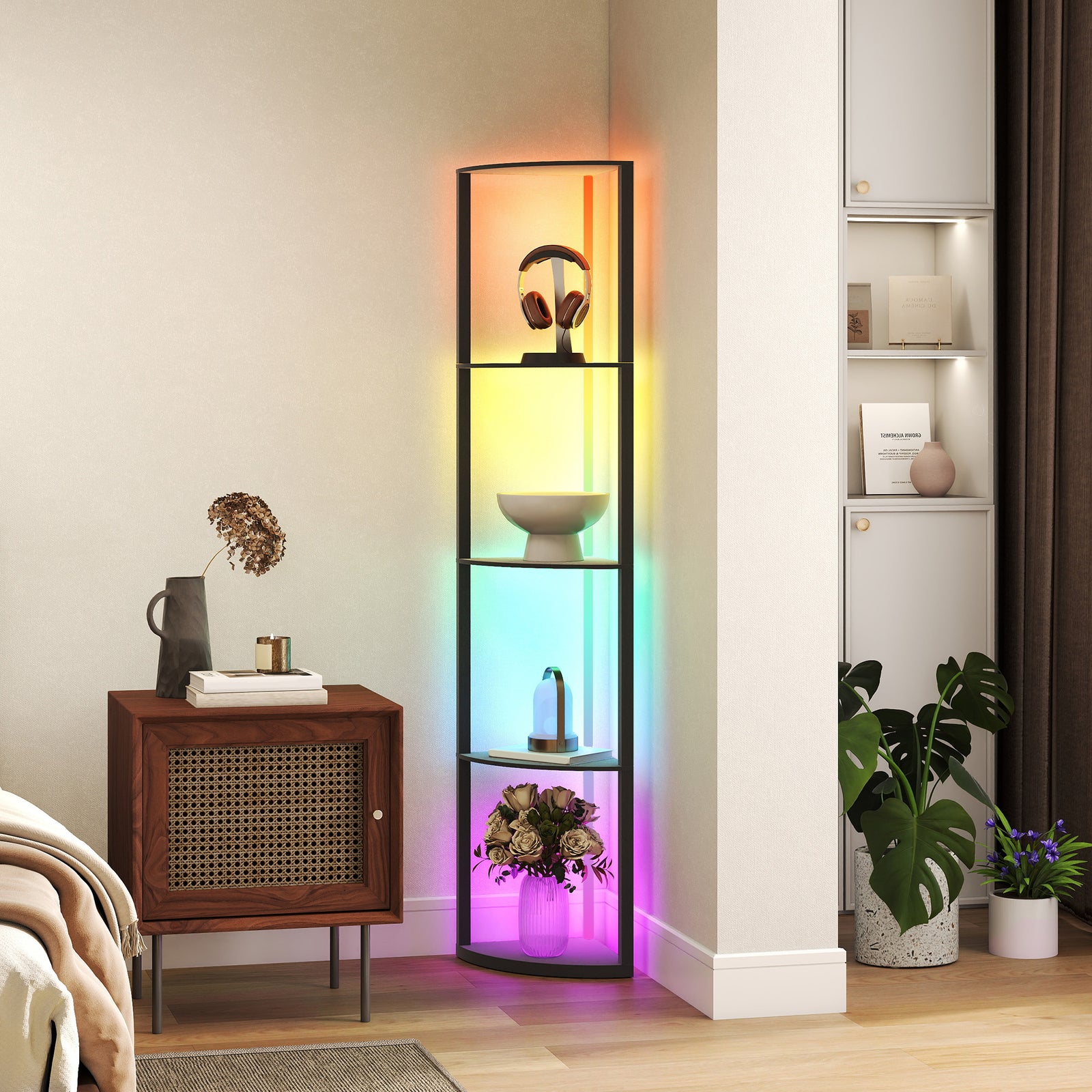 Rgb Led Floor Lamp With Shelves And Remote Control For Living Room | Black
