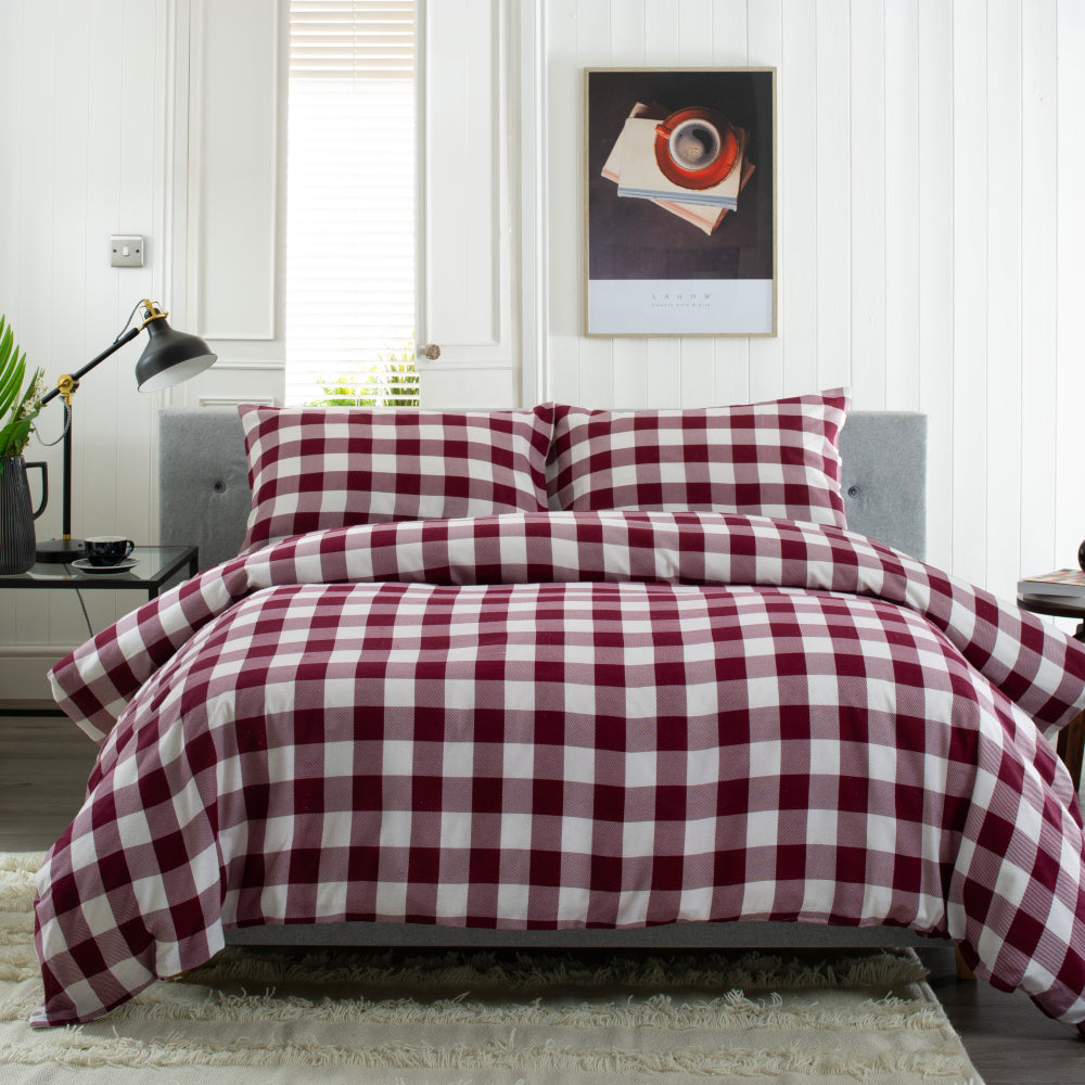Ridgewood Check Printed Brushed 100% Cotton Bedlinen Duvet Set | Super King | Red