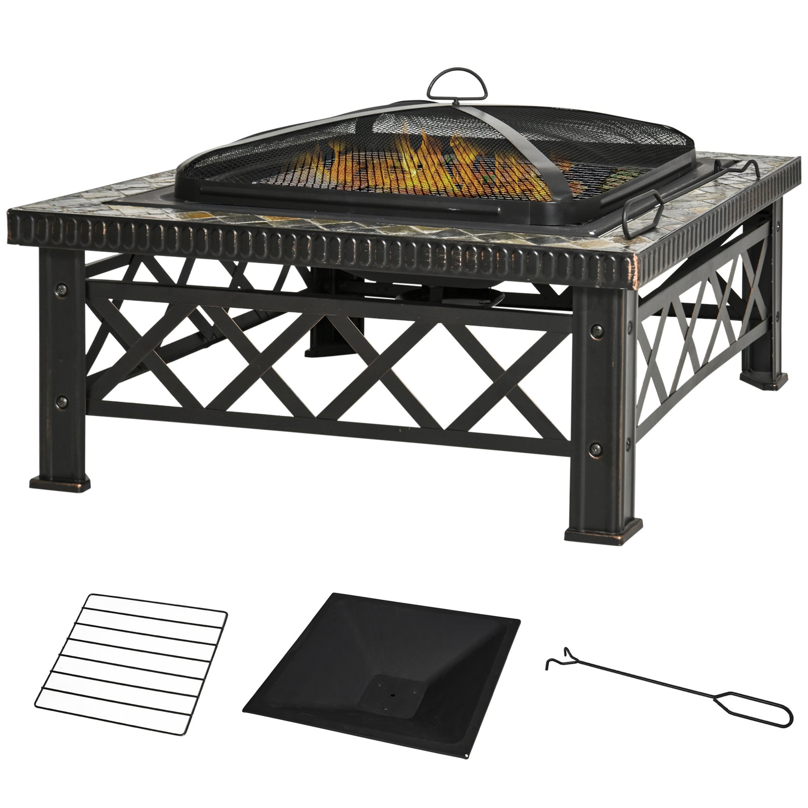 Square Fire Pit Table W/ Grill Shelf, 76cm