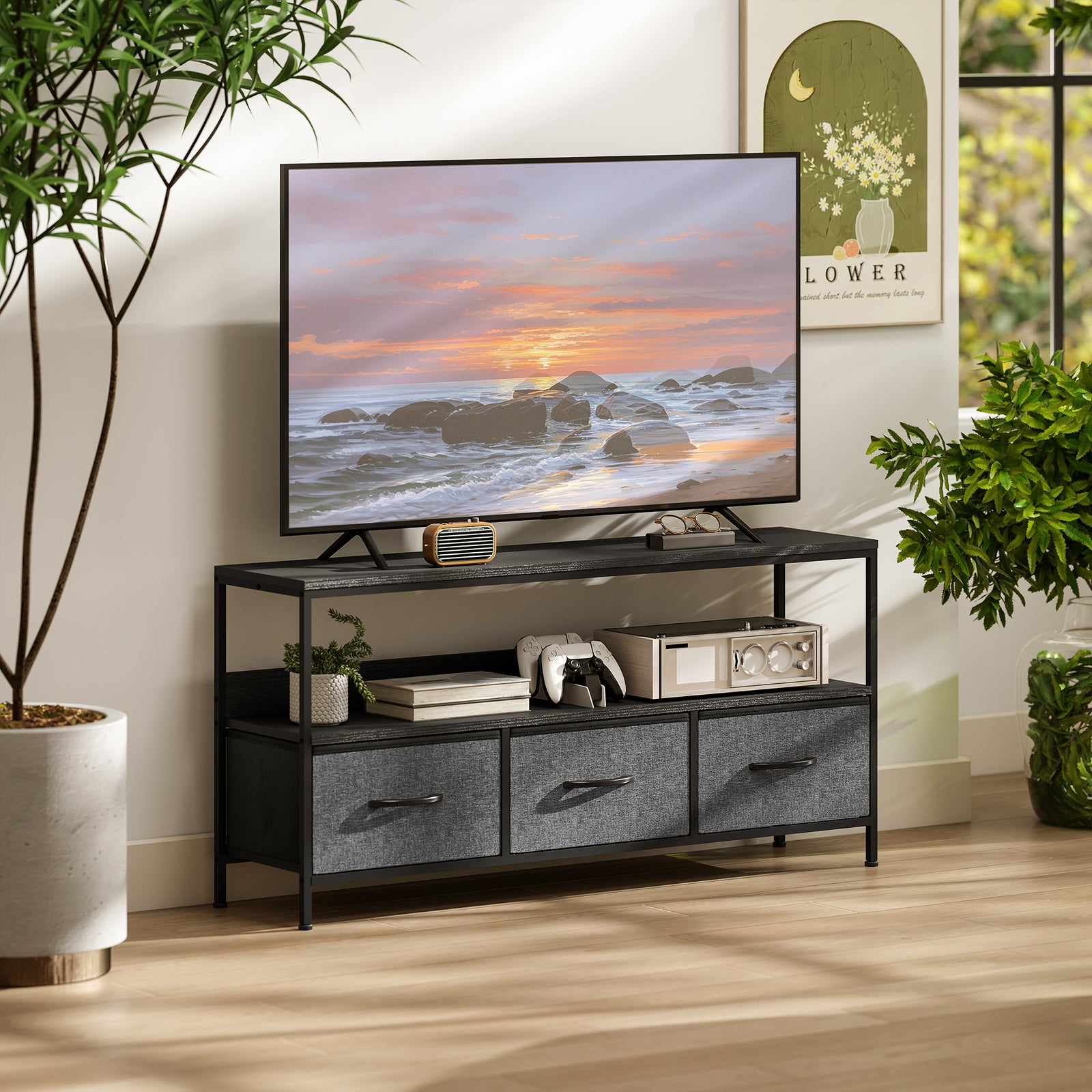 Tv Cabinet, Tv Console Unit With 3 Foldable Linen Drawers | Black