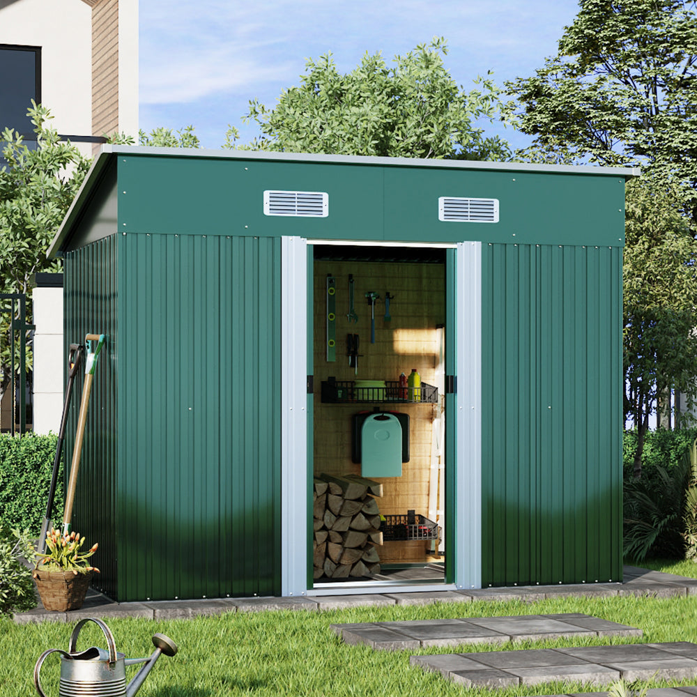 4x8ft Metal Storage Shed With Double Doors,ventilation And Foundation Frame Flat Roof Outdoor Tool Shed For Garden | Dark Green